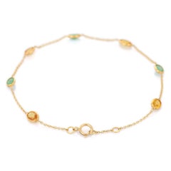 Emerald and Sapphire Stacking Chain Bracelet 18K Yellow Gold Dainty Bracelet