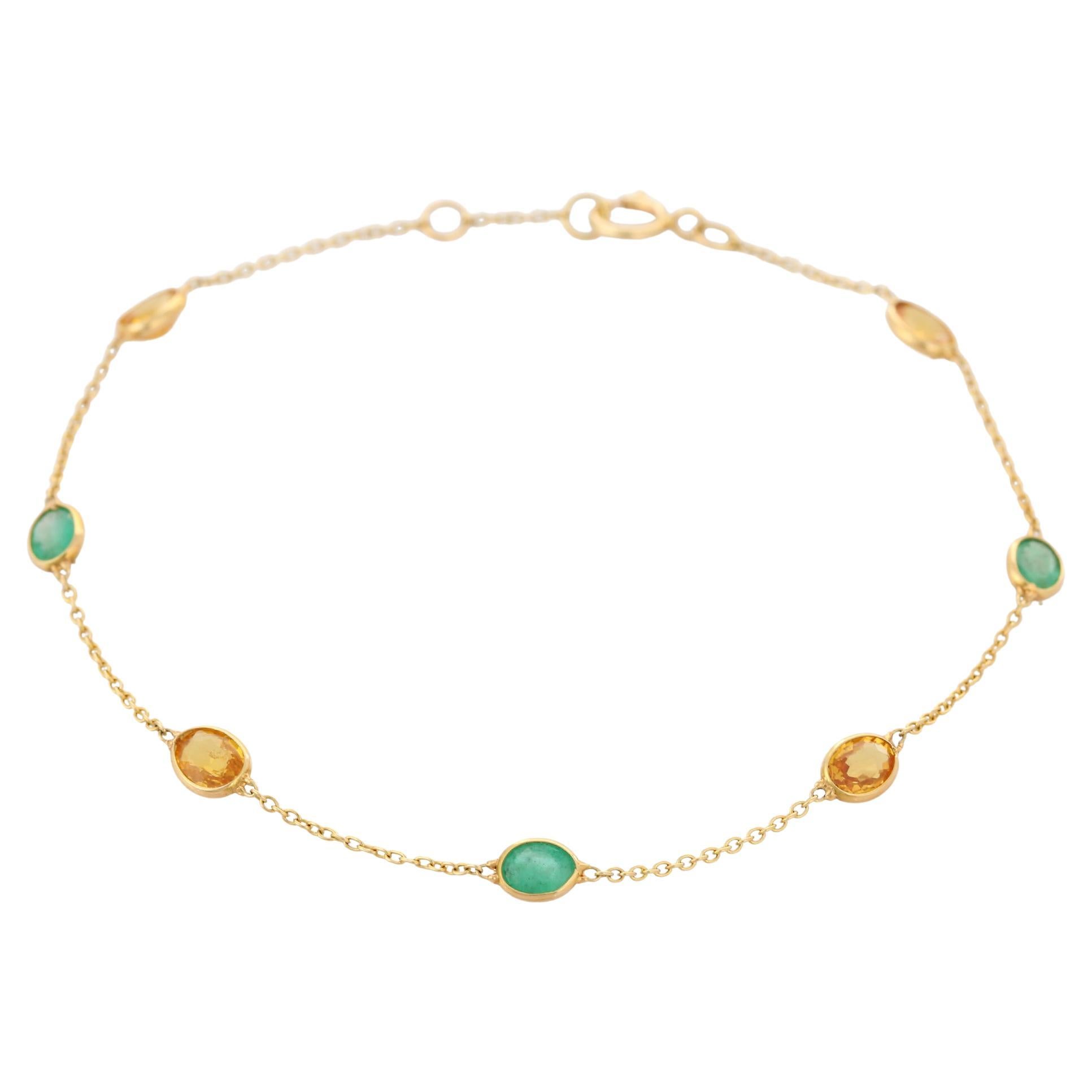 Emerald and Sapphire Stacking Chain Bracelet 18K Yellow Gold Dainty Bracelet For Sale