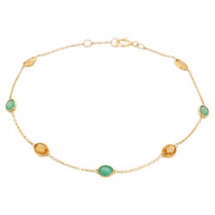 Emerald and Sapphire Stacking Chain Bracelet 18K Yellow Gold Dainty Bracelet