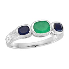 Emerald and Sapphire Vintage Style Three Stones Filigree Ring in Solid 9K Gold