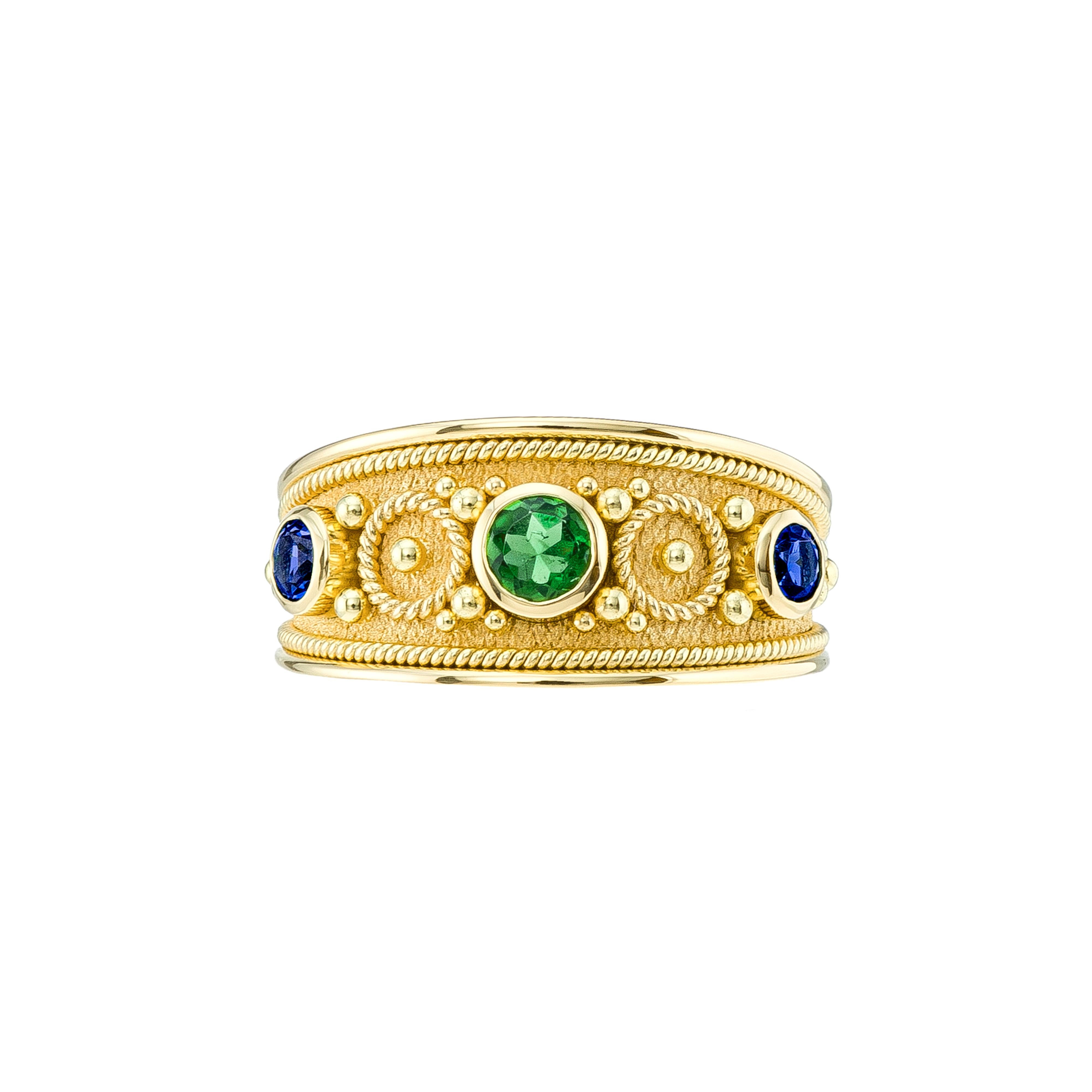 Round Cut Emerald and Sapphires Byzantine Ring For Sale
