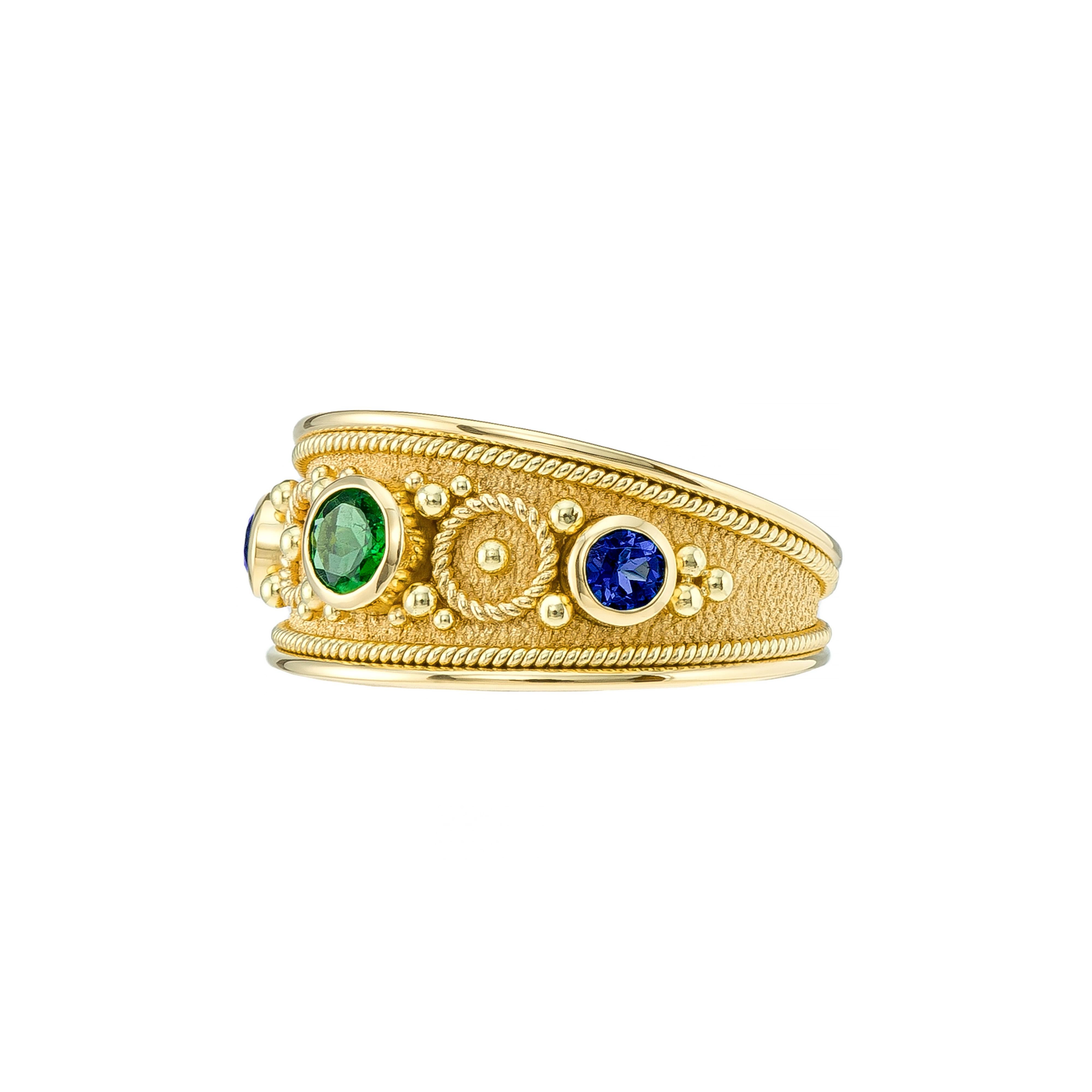 Women's Emerald and Sapphires Byzantine Ring For Sale