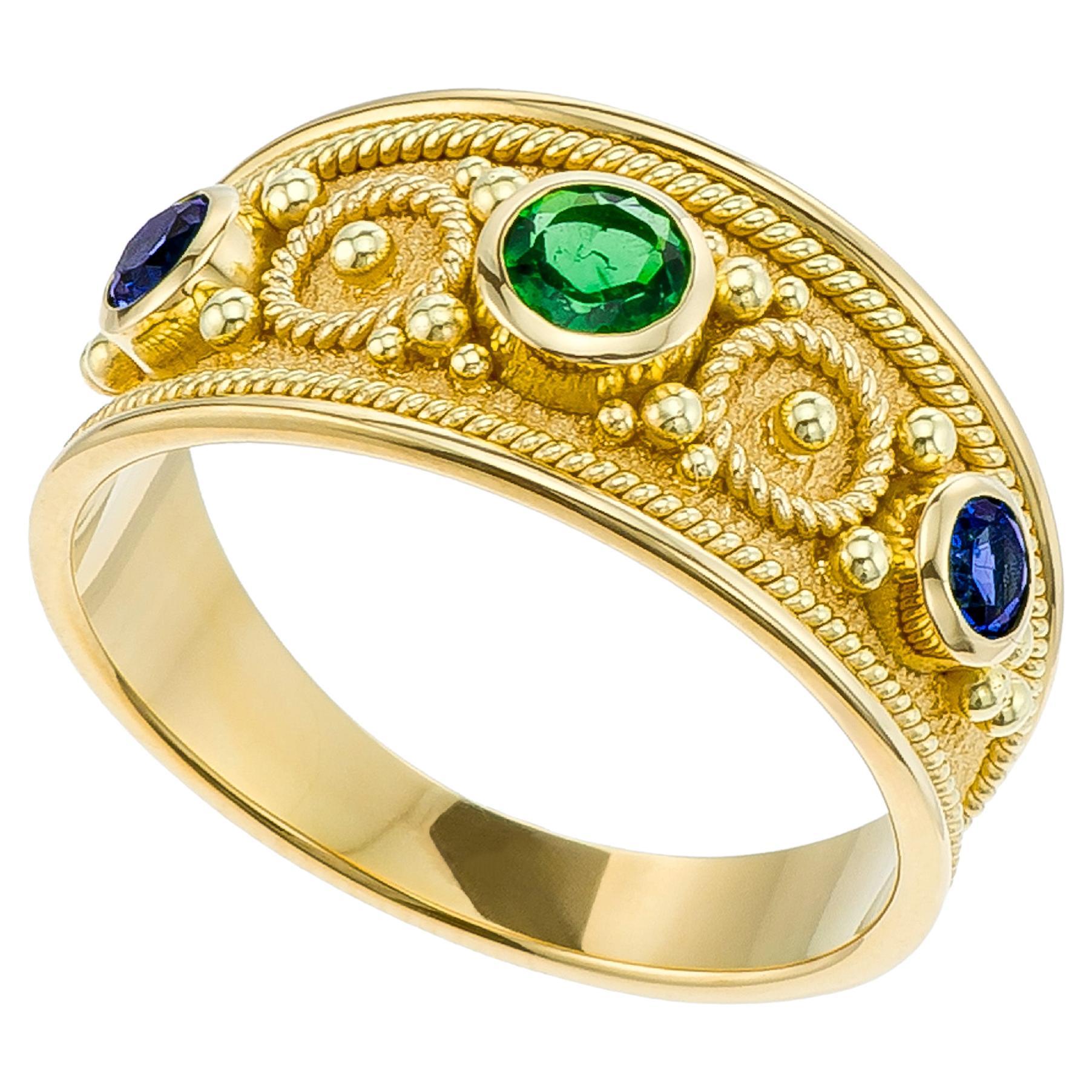 Emerald and Sapphires Byzantine Ring For Sale