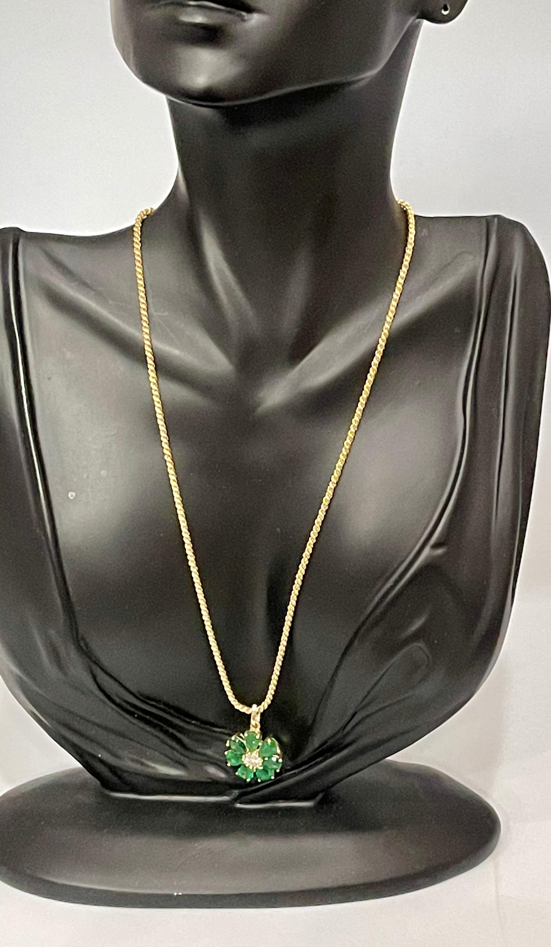 Emerald and Solitaire Diamonds Flower Pendant Necklace 14 Karat Yellow Gold For Sale 2