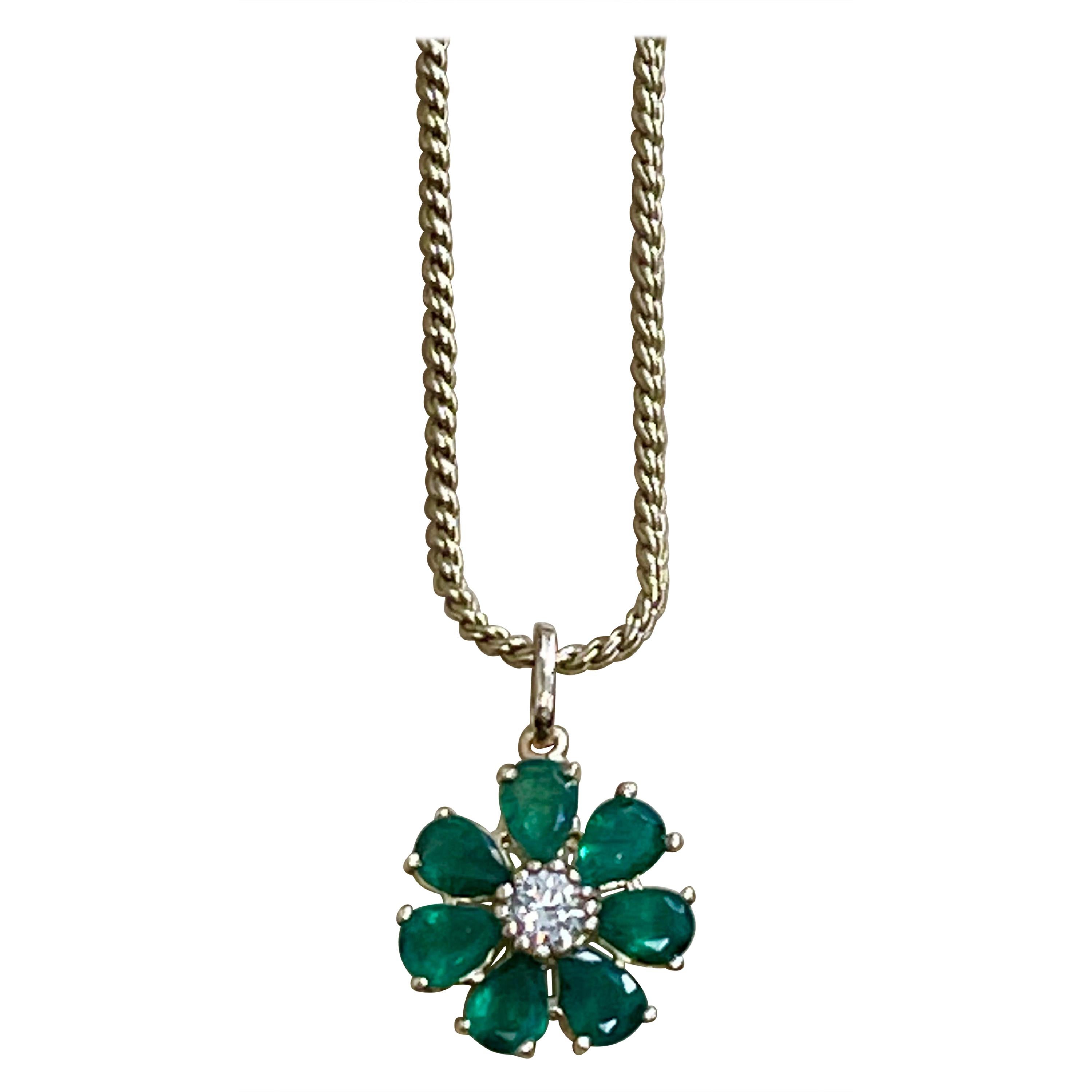 Emerald and Solitaire Diamonds Flower Pendant Necklace 14 Karat Yellow Gold For Sale