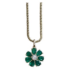 Emerald and Solitaire Diamonds Flower Pendant Necklace 14 Karat Yellow Gold