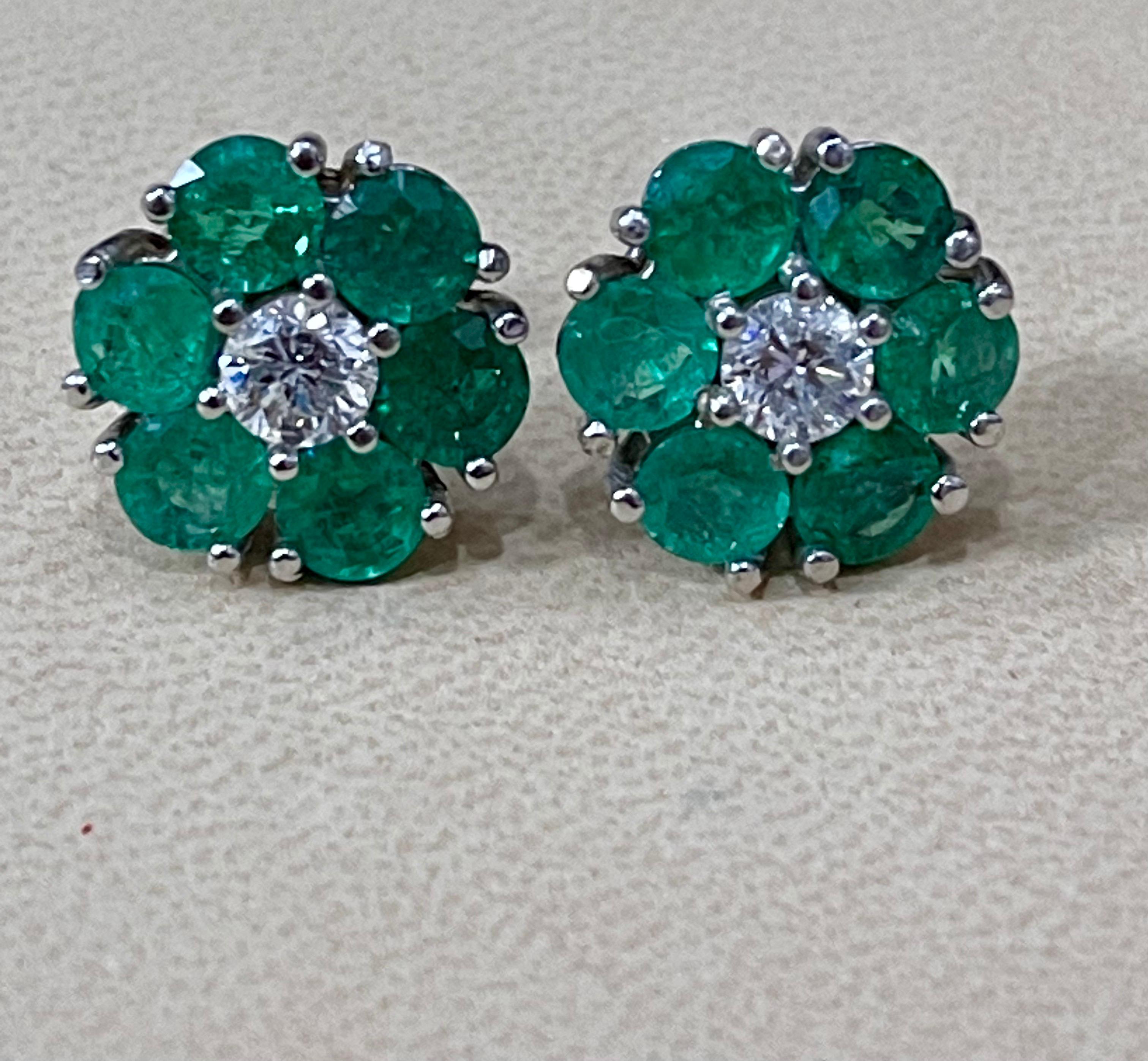 Emerald and Solitaire Diamonds Flower Post Earrings 14 Karat White Gold 5