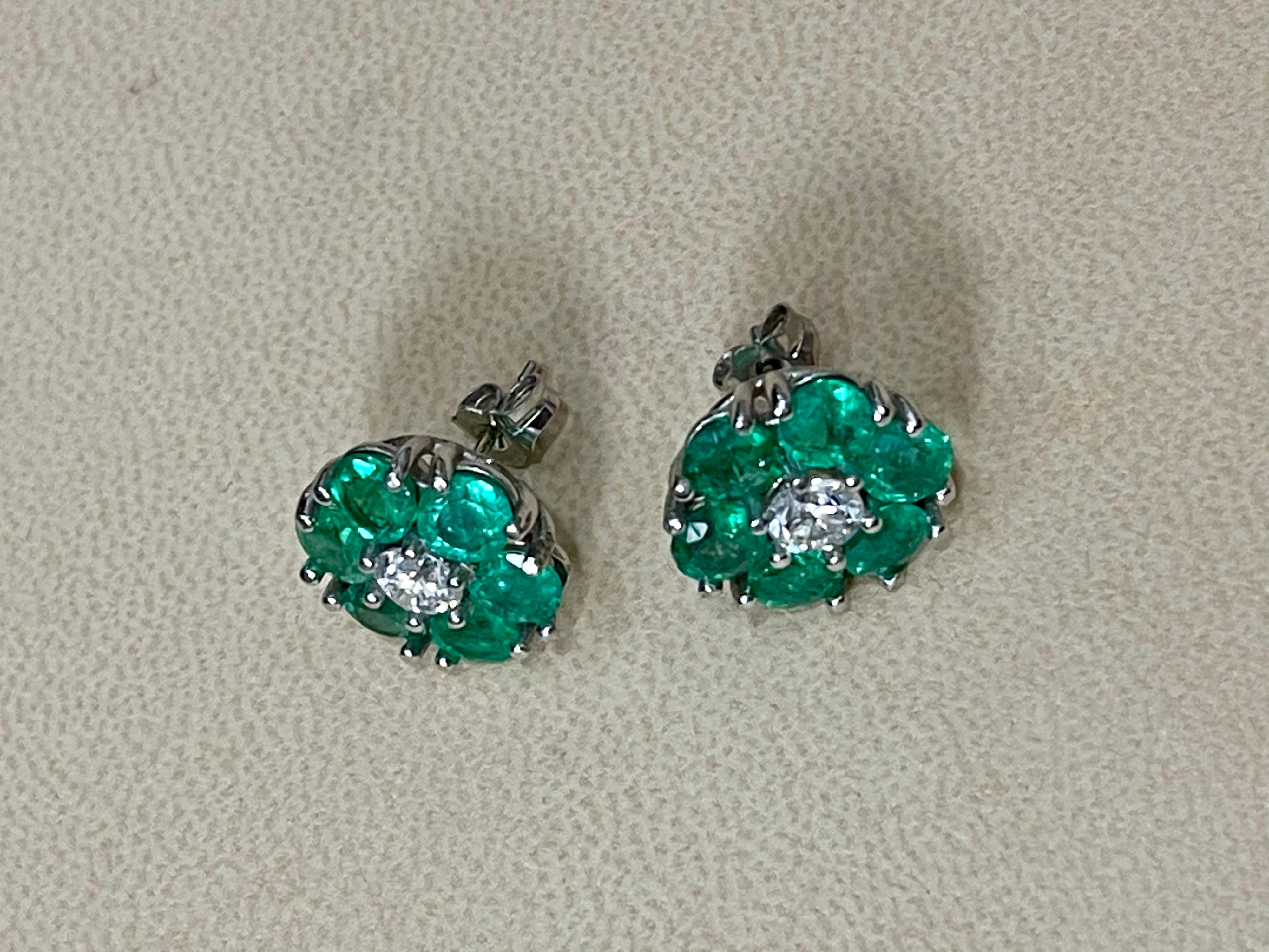 Emerald and Solitaire Diamonds Flower Post Earrings 14 Karat White Gold 6