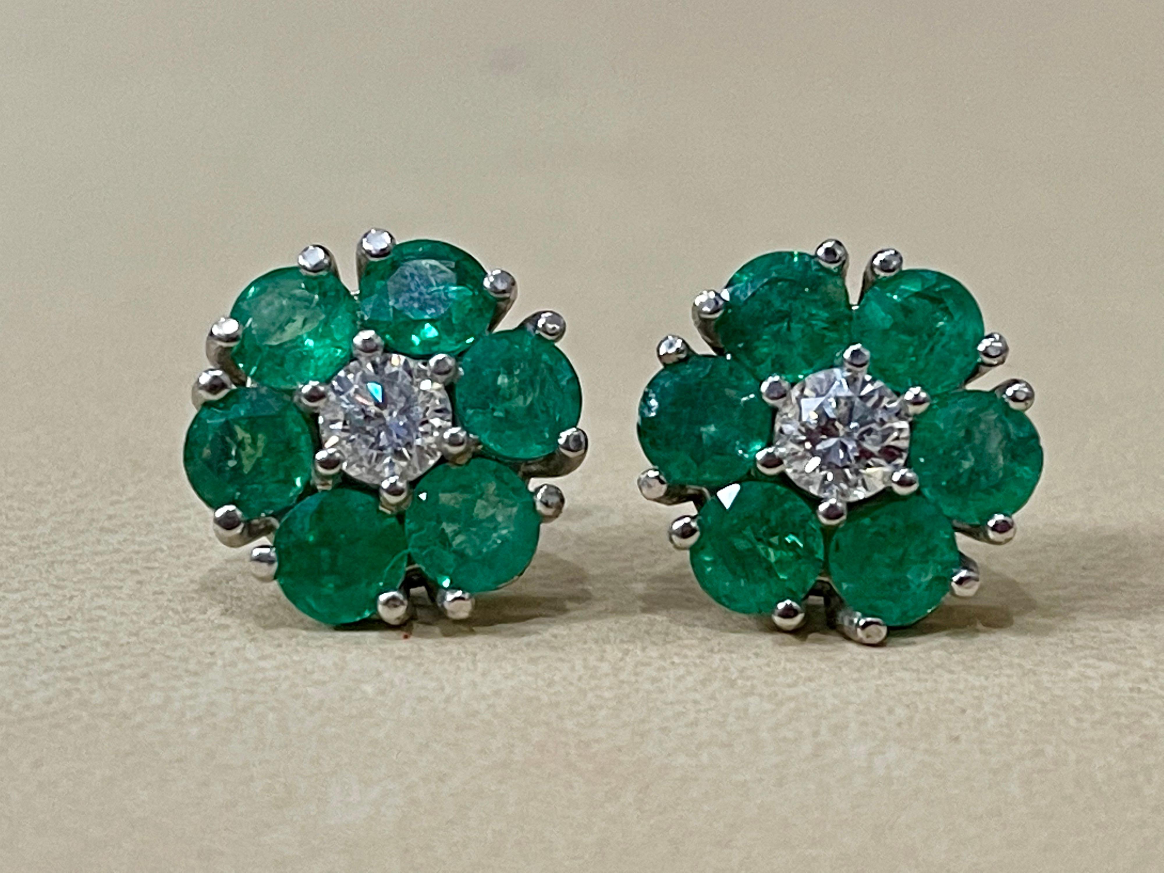 Emerald and Solitaire Diamonds Flower Post Earrings 14 Karat White Gold 9