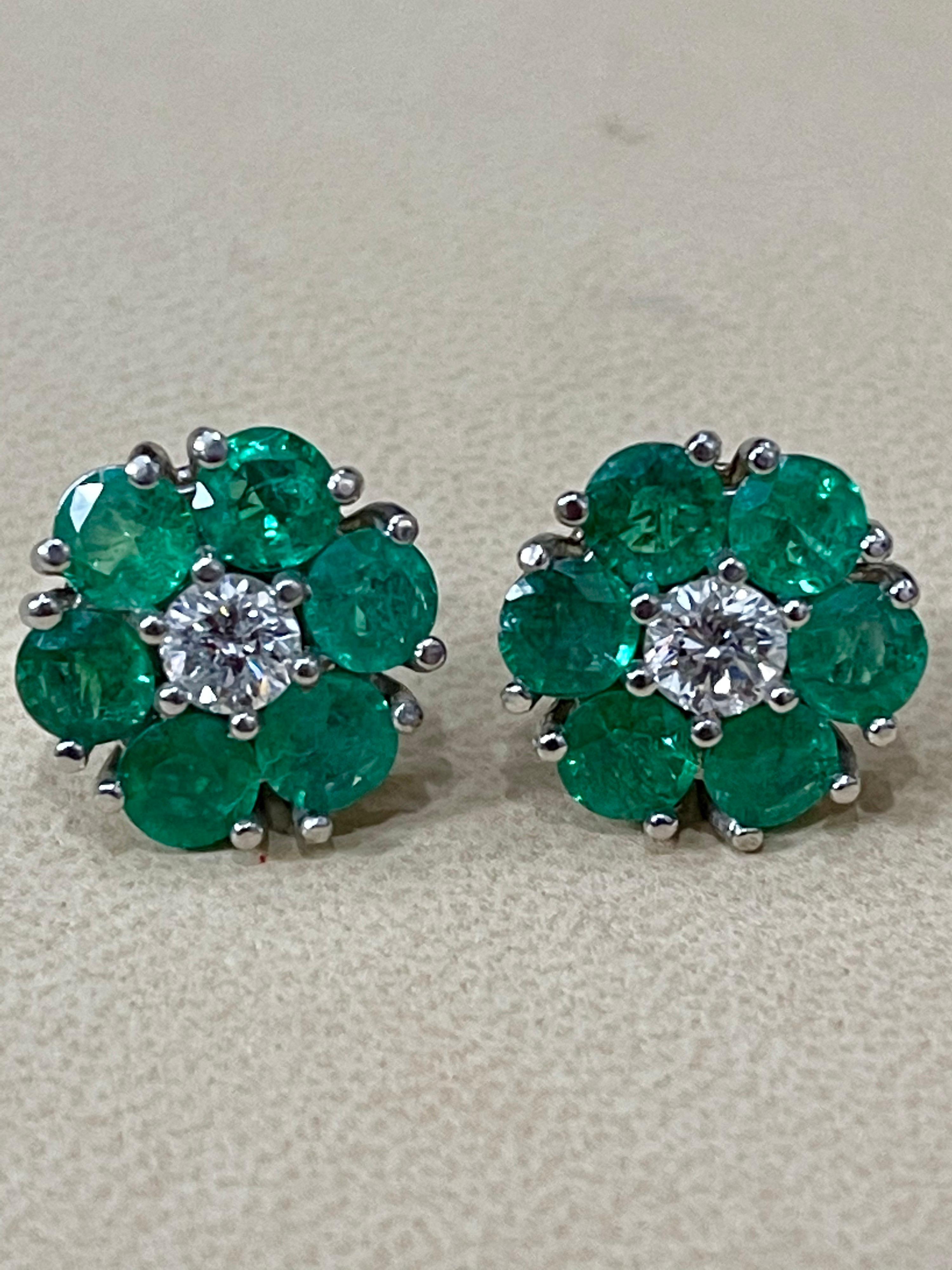 Emerald and Solitaire Diamonds Flower Post Earrings 14 Karat White Gold 10
