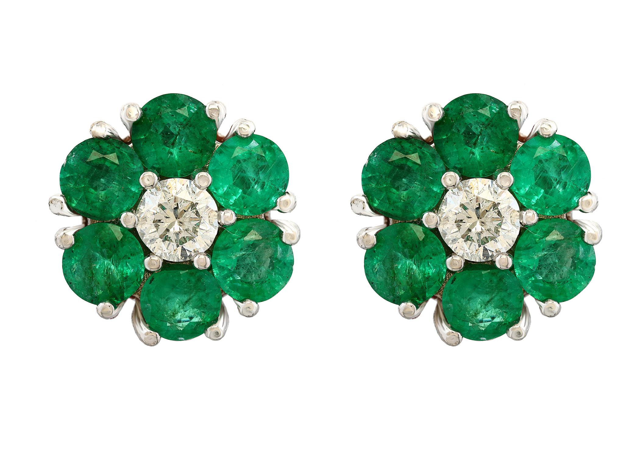 Emerald and Solitaire Diamonds Flower Post Earrings 14 Karat White Gold 12