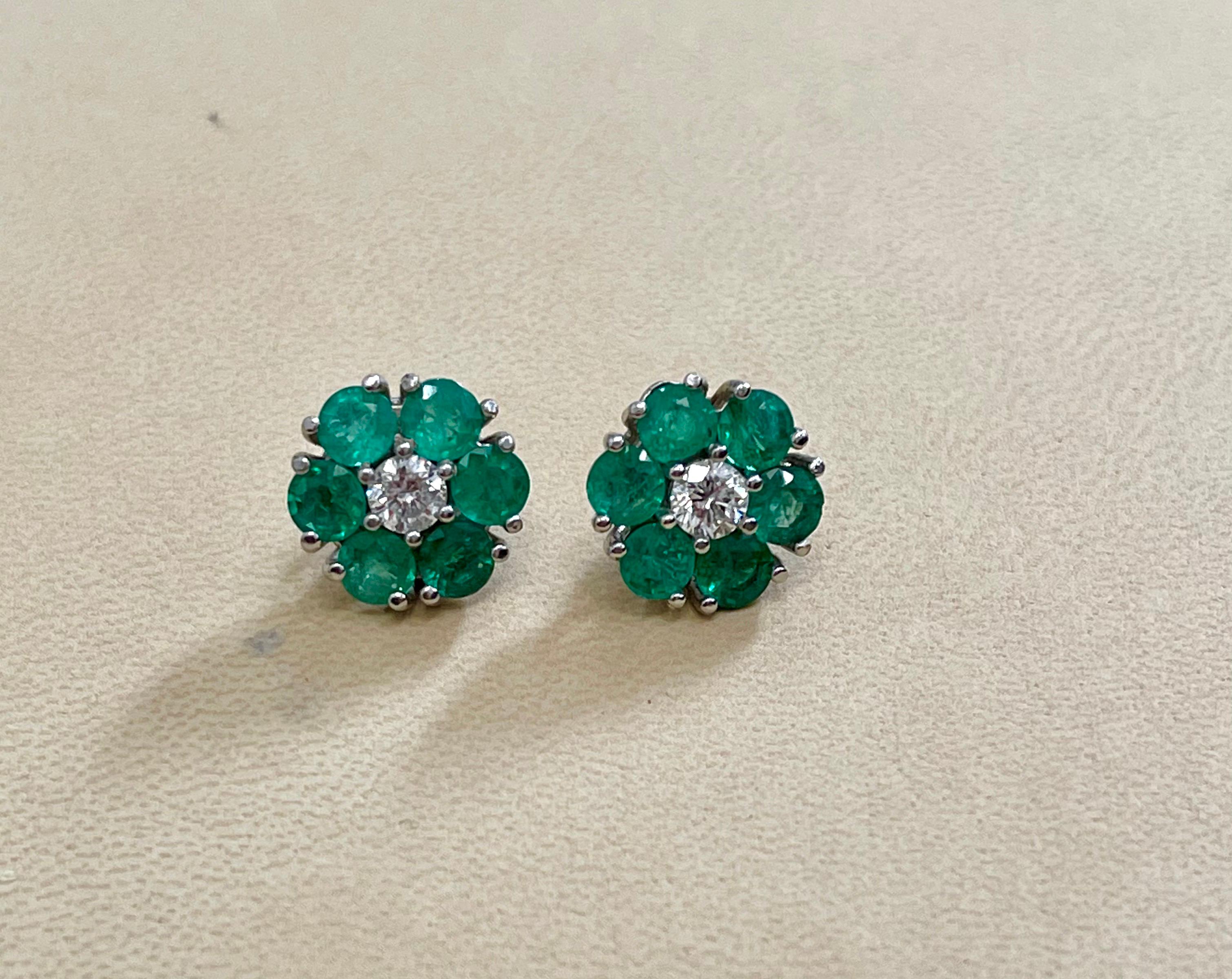 Women's Emerald and Solitaire Diamonds Flower Post Earrings 14 Karat White Gold