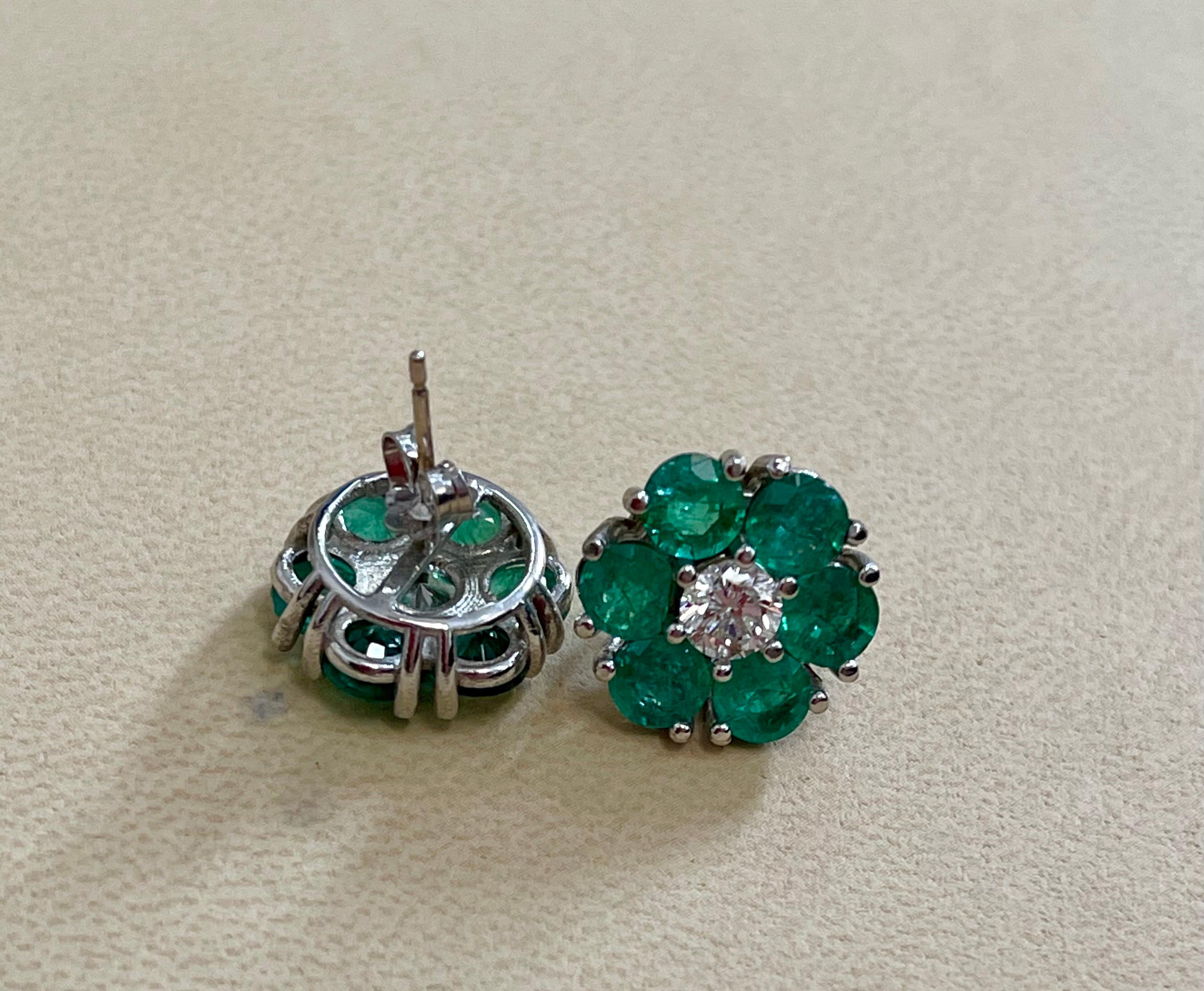 Emerald and Solitaire Diamonds Flower Post Earrings 14 Karat White Gold 3