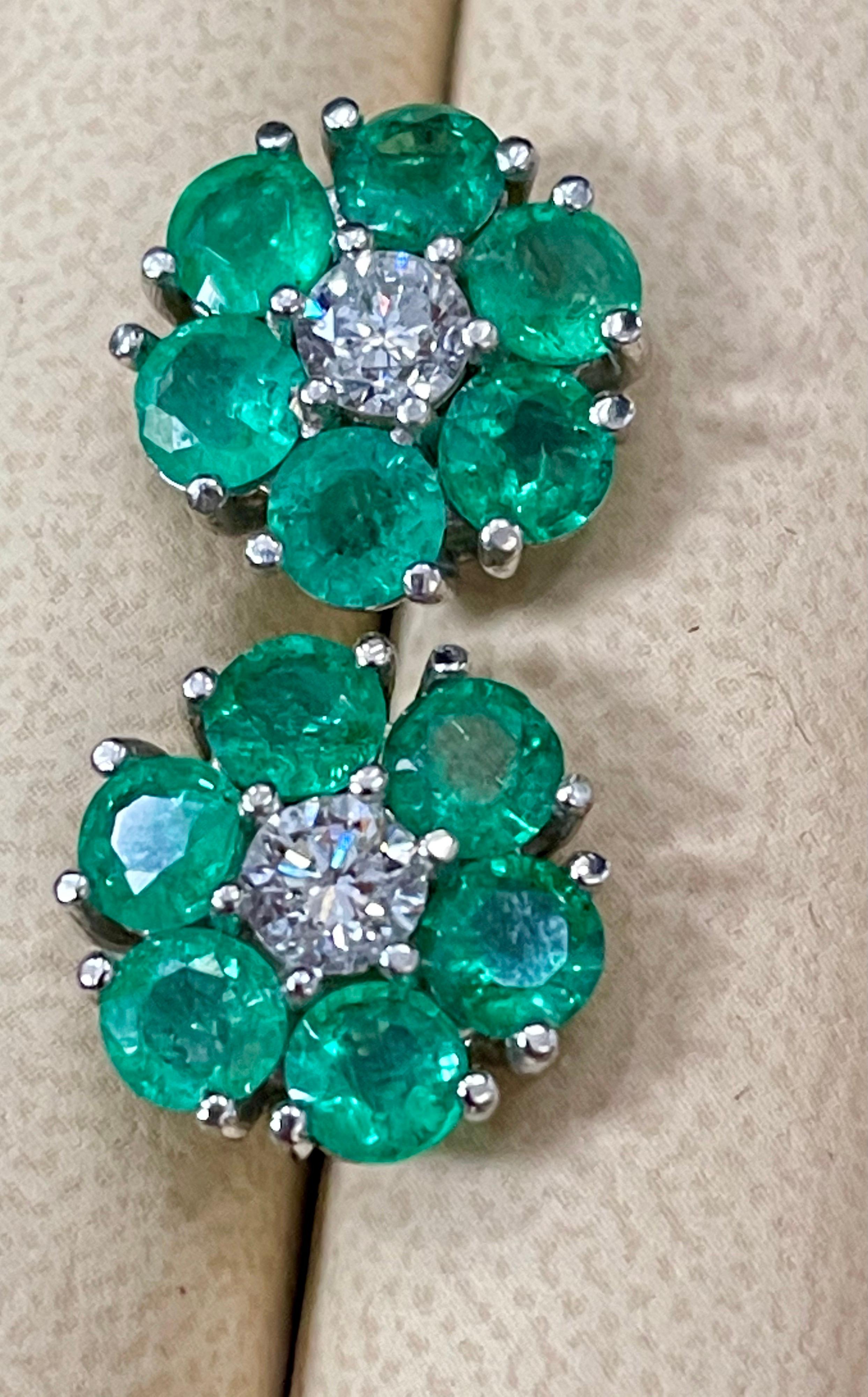 Emerald and Solitaire Diamonds Flower Post Earrings 14 Karat White Gold 4