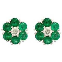 Emerald and Solitaire Diamonds Flower Post Earrings 14 Karat White Gold