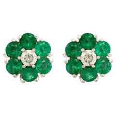 Emerald and Solitaire Diamonds Flower Post Earrings 14 Karat White Gold