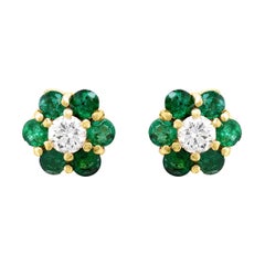 Emerald and Solitaire Diamonds Flower Post Earrings 14 Karat Yellow Gold