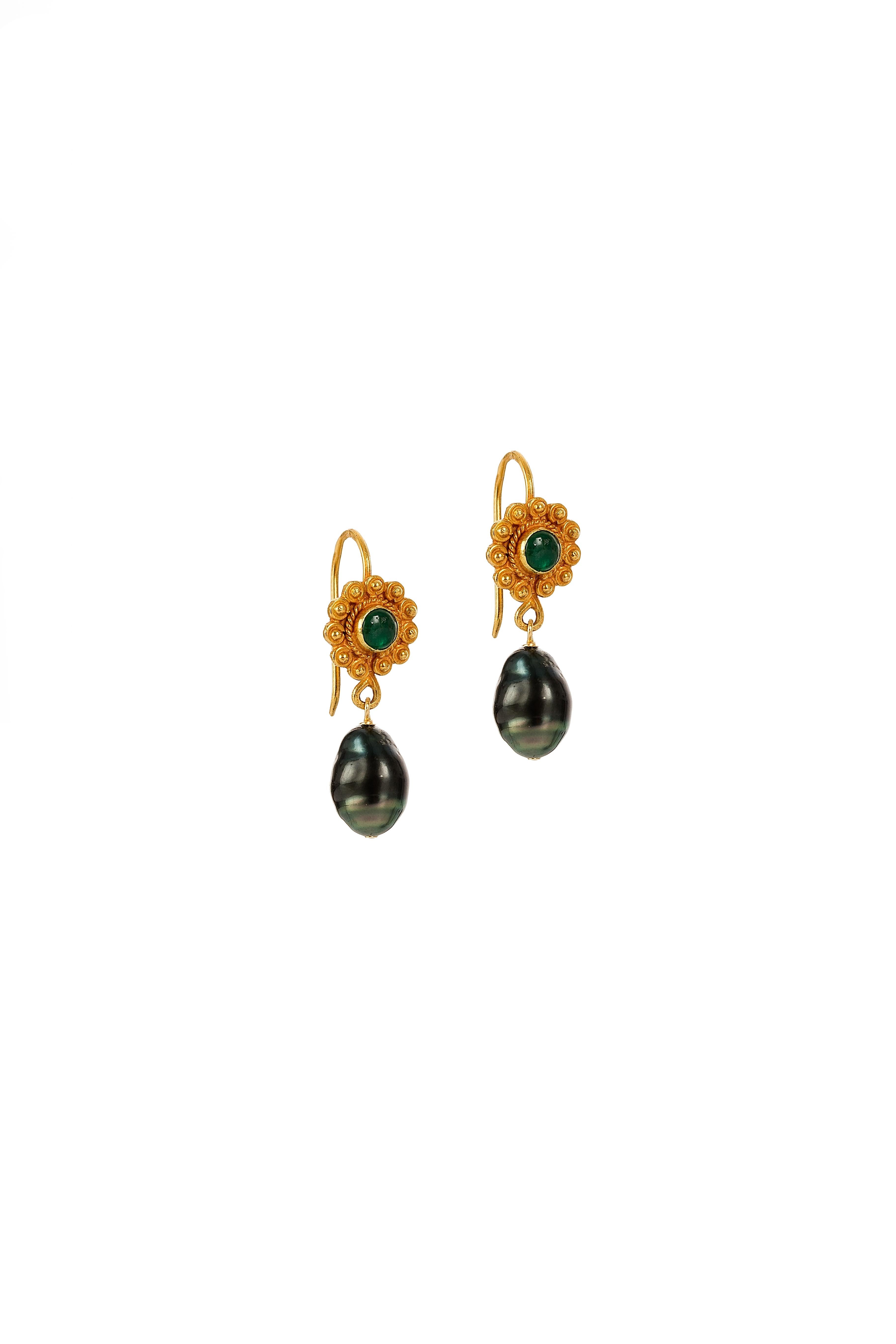 Artisan Emerald and Tahitian Keshi Pearl 18K Gold Drop Earrings   For Sale