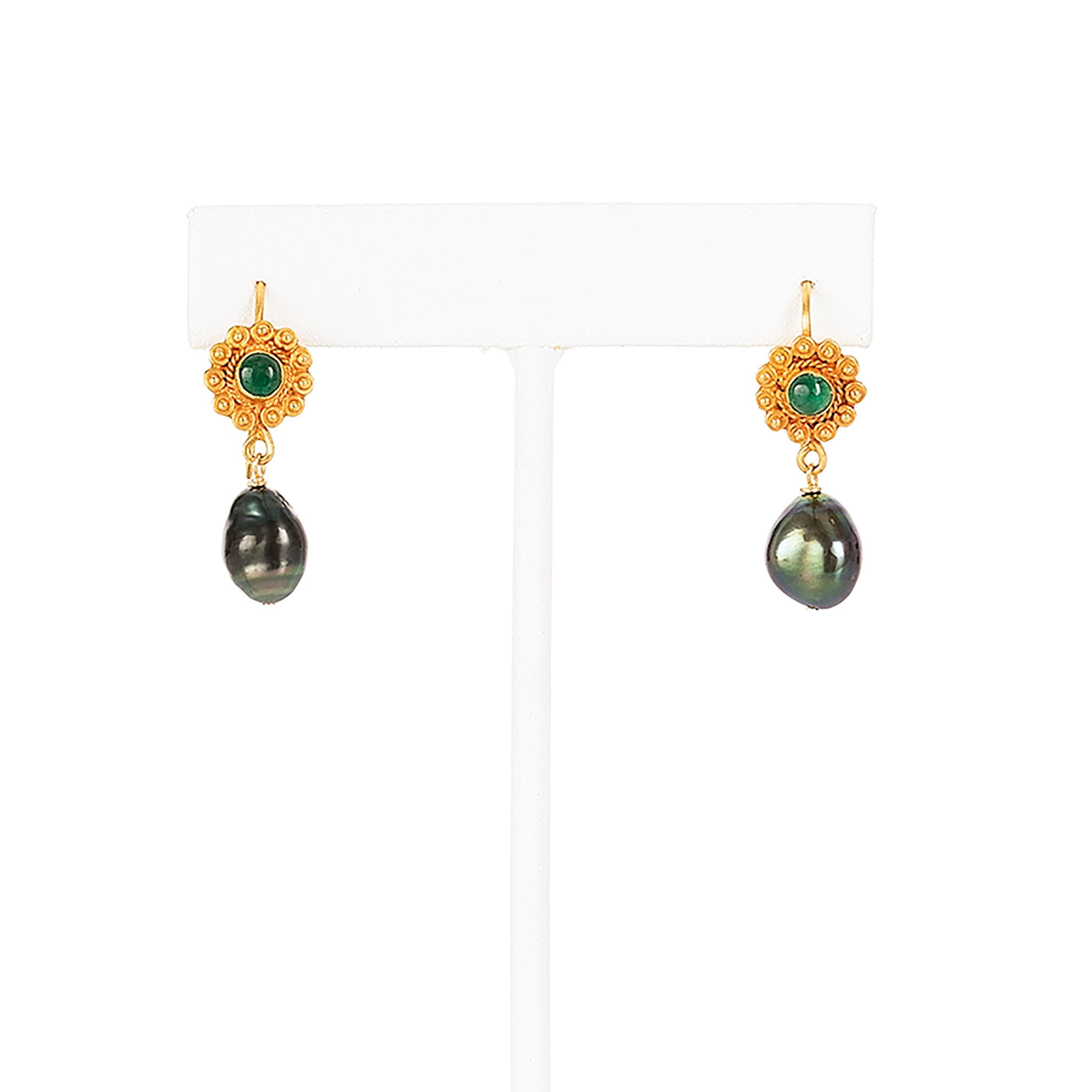 Emerald Cut Emerald and Tahitian Keshi Pearl 18K Gold Drop Earrings   For Sale