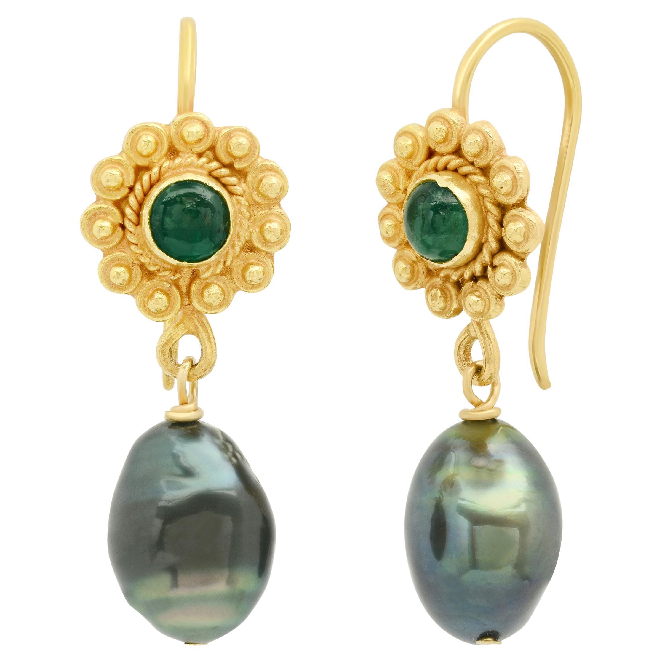 Emerald and Tahitian Keshi Pearl 18K Gold Drop Earrings   For Sale