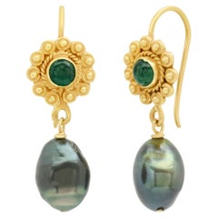 Emerald and Tahitian Keshi Pearl 18K Gold Drop Earrings  