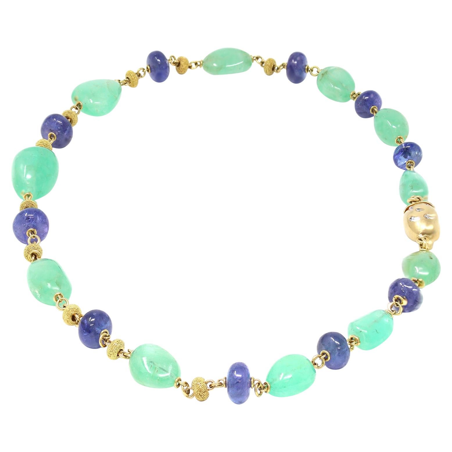 Emerald and Tanzanite Bead Necklace by Rosaria Varra in 18 Karat For Sale