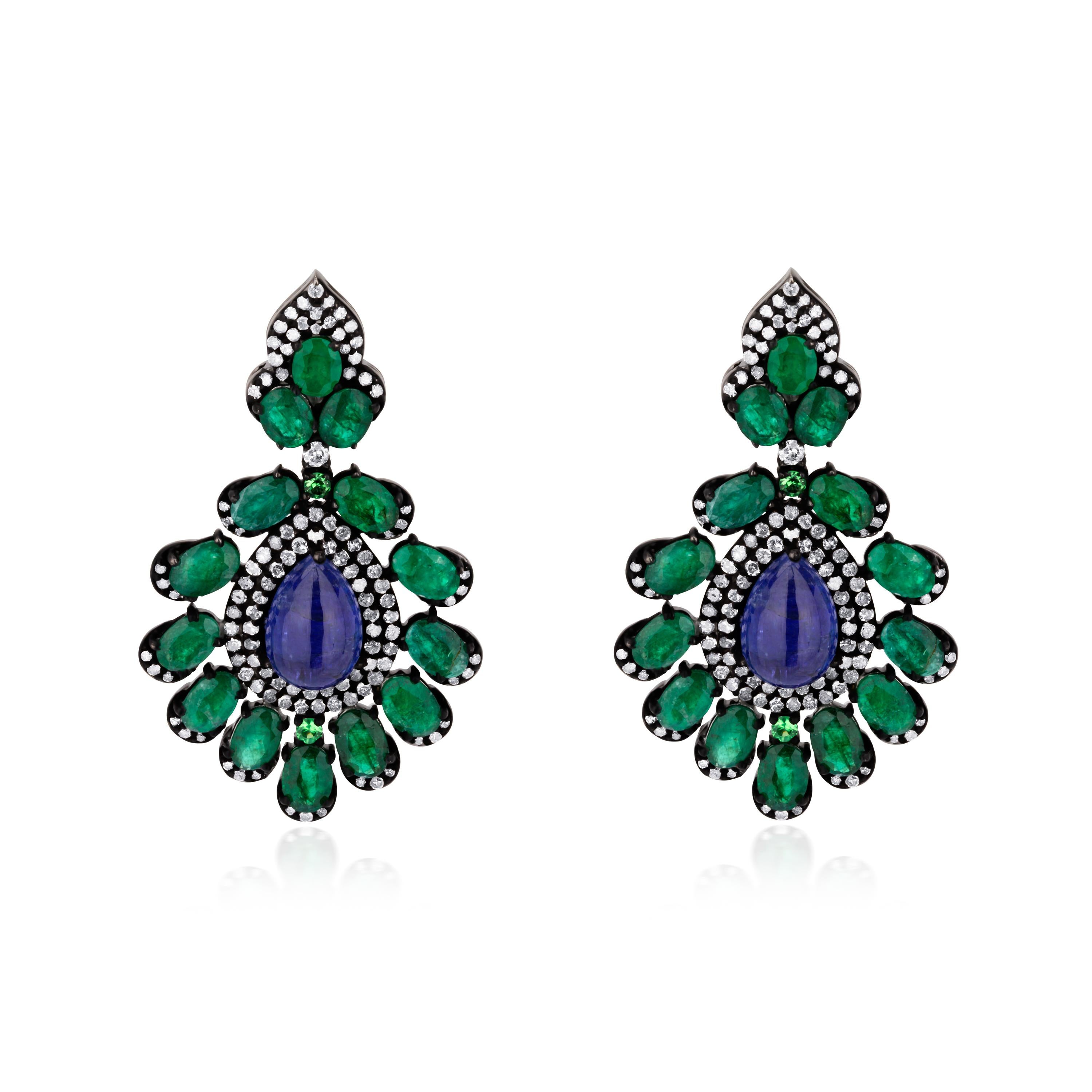 Pear Cut Emerald and Tanzanite Victorian Earrings with Diamond For Sale