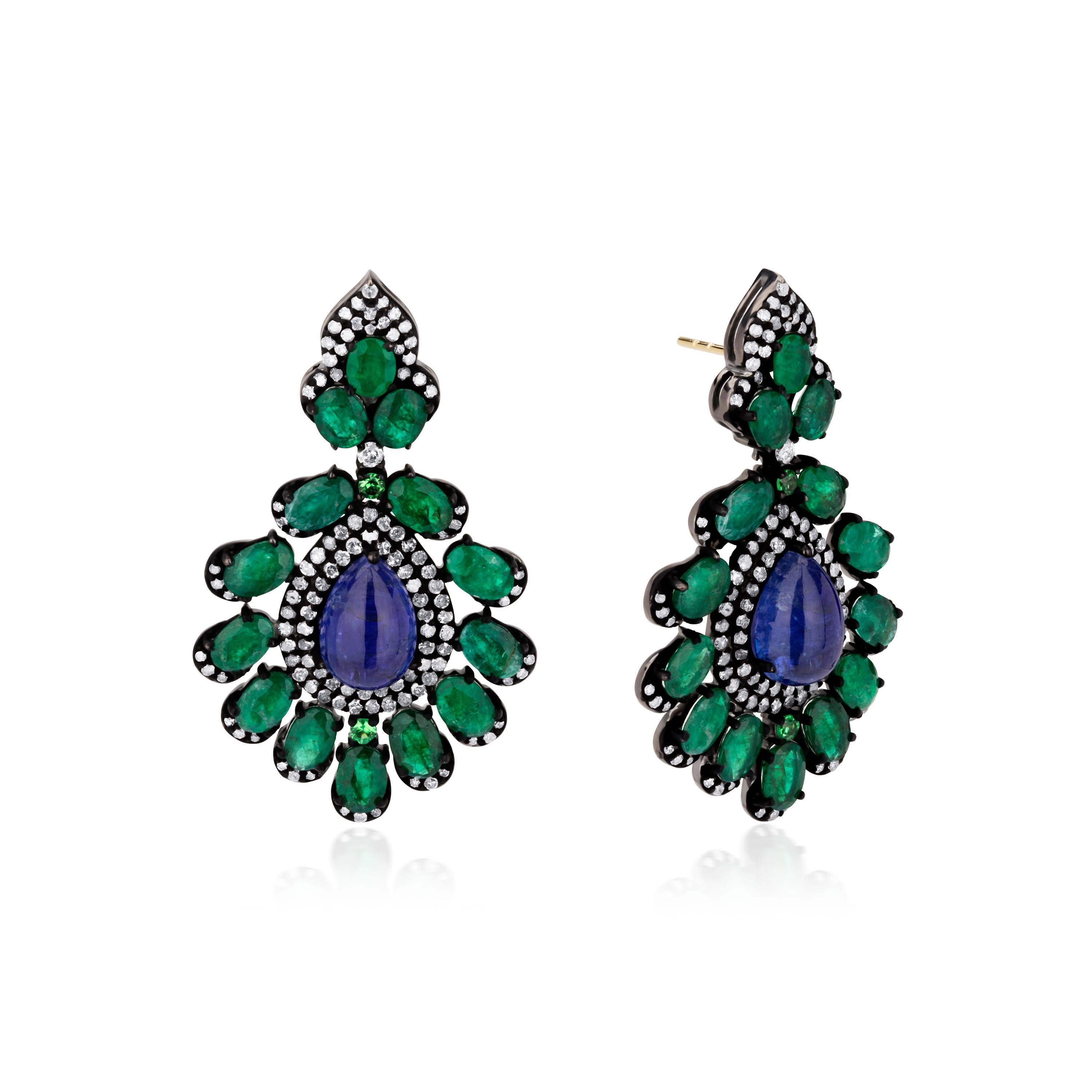 Women's Emerald and Tanzanite Victorian Earrings with Diamond For Sale
