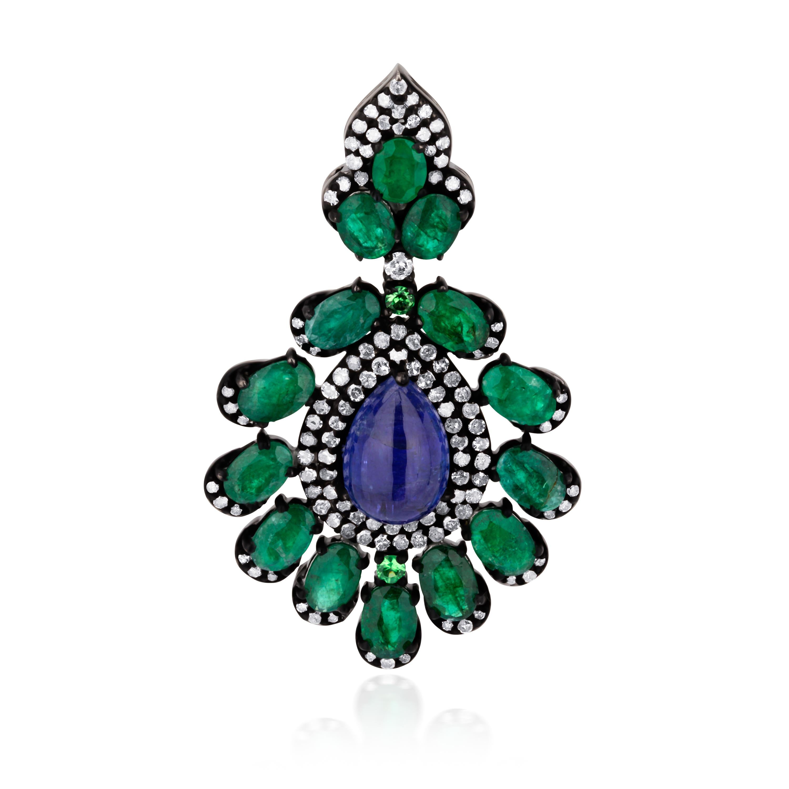 Emerald and Tanzanite Victorian Earrings with Diamond For Sale 1