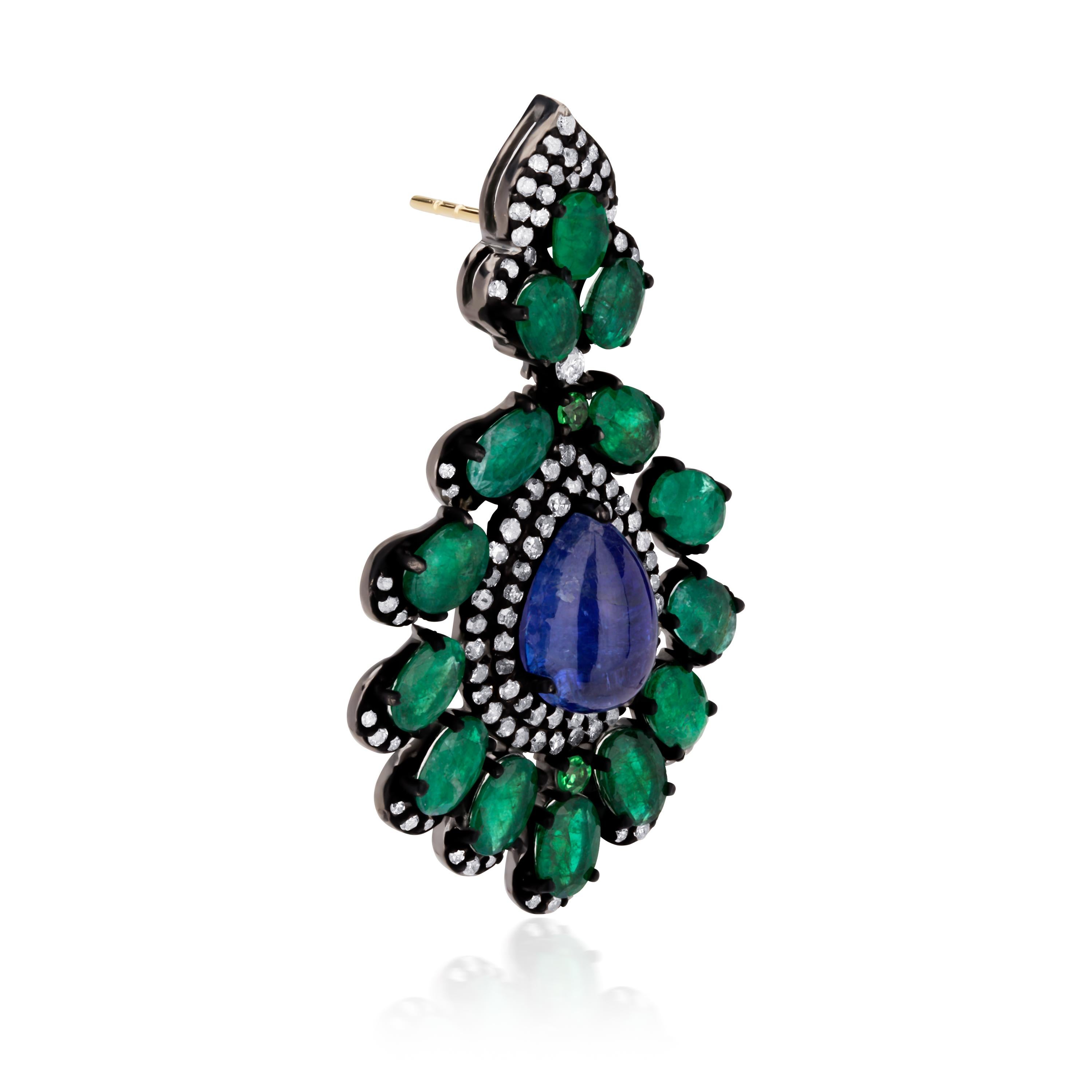 Emerald and Tanzanite Victorian Earrings with Diamond For Sale 2