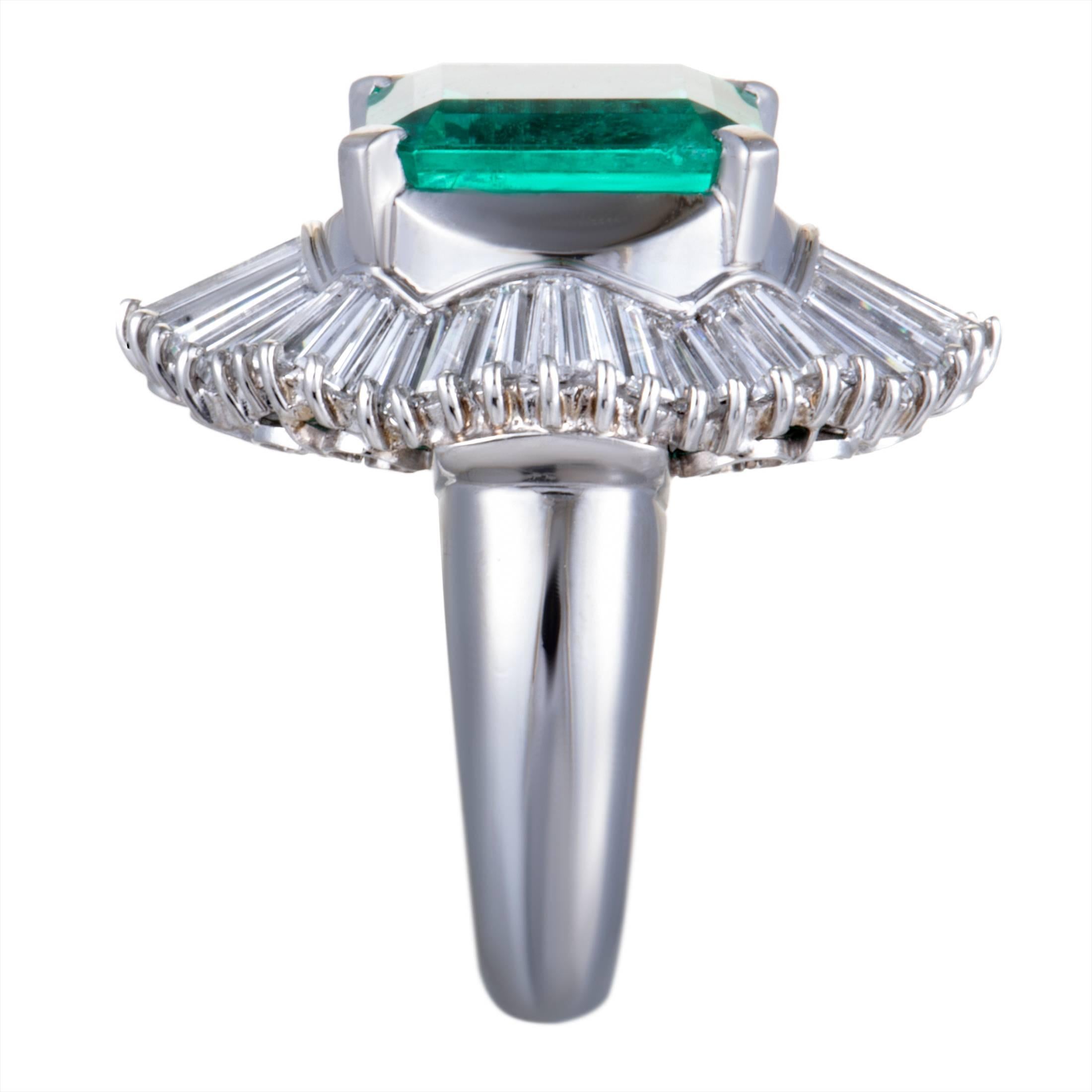 Emerald and Tapered Baguette Diamonds Platinum Cocktail Ring In Excellent Condition In Southampton, PA