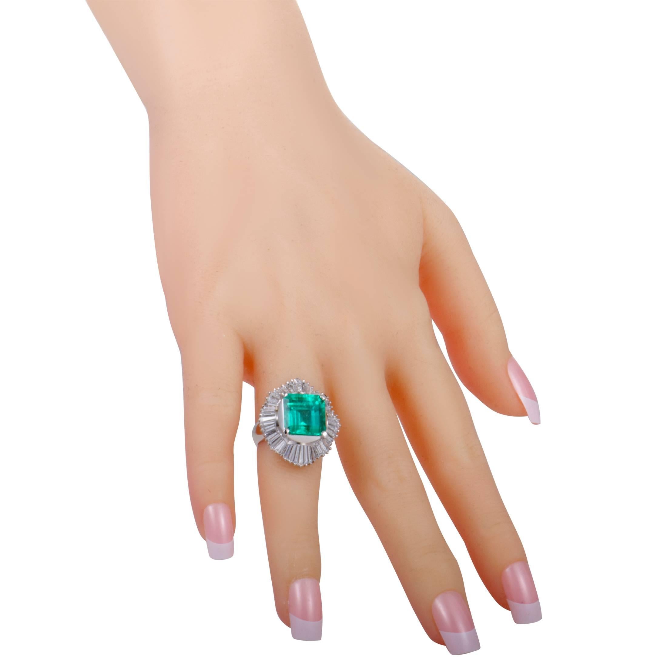 Women's Emerald and Tapered Baguette Diamonds Platinum Cocktail Ring