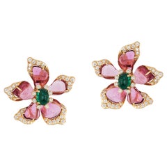 Goshwara Emerald and Tourmaline Flower With Diamond Earrings