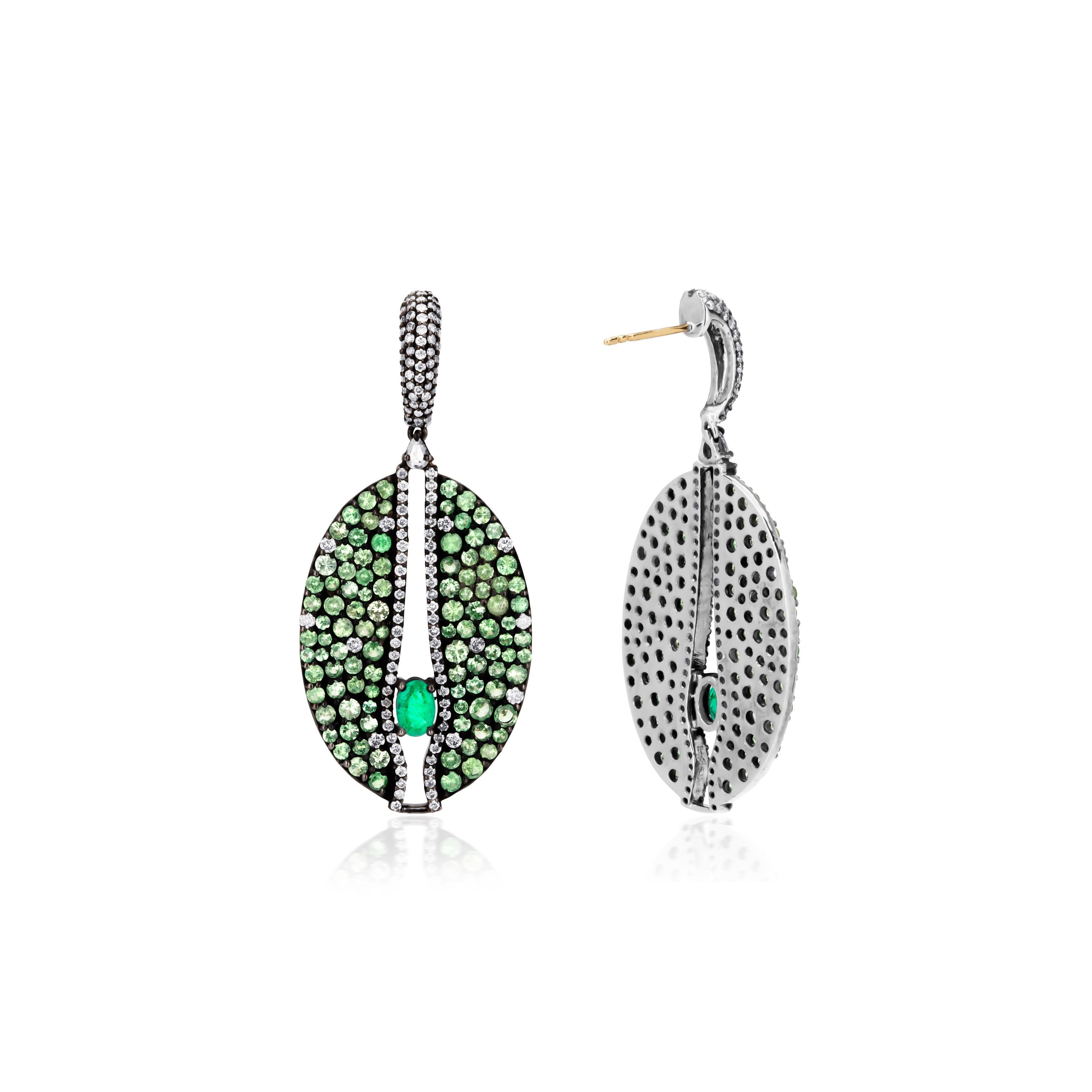 Oval Cut Emerald and Tsavorite Victorian Dangle Earrings with Diamond