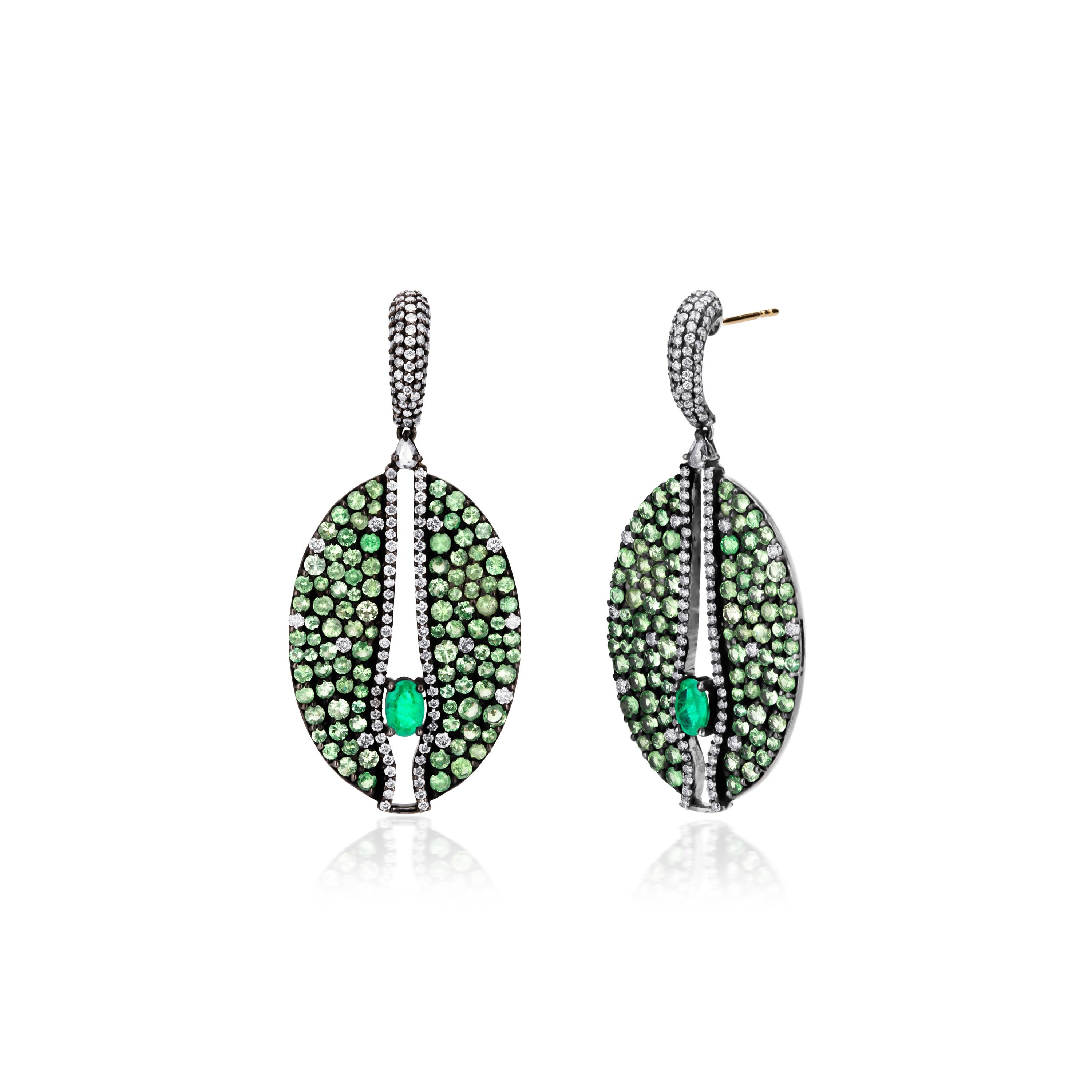 Emerald and Tsavorite Victorian Dangle Earrings with Diamond In New Condition In New York, NY