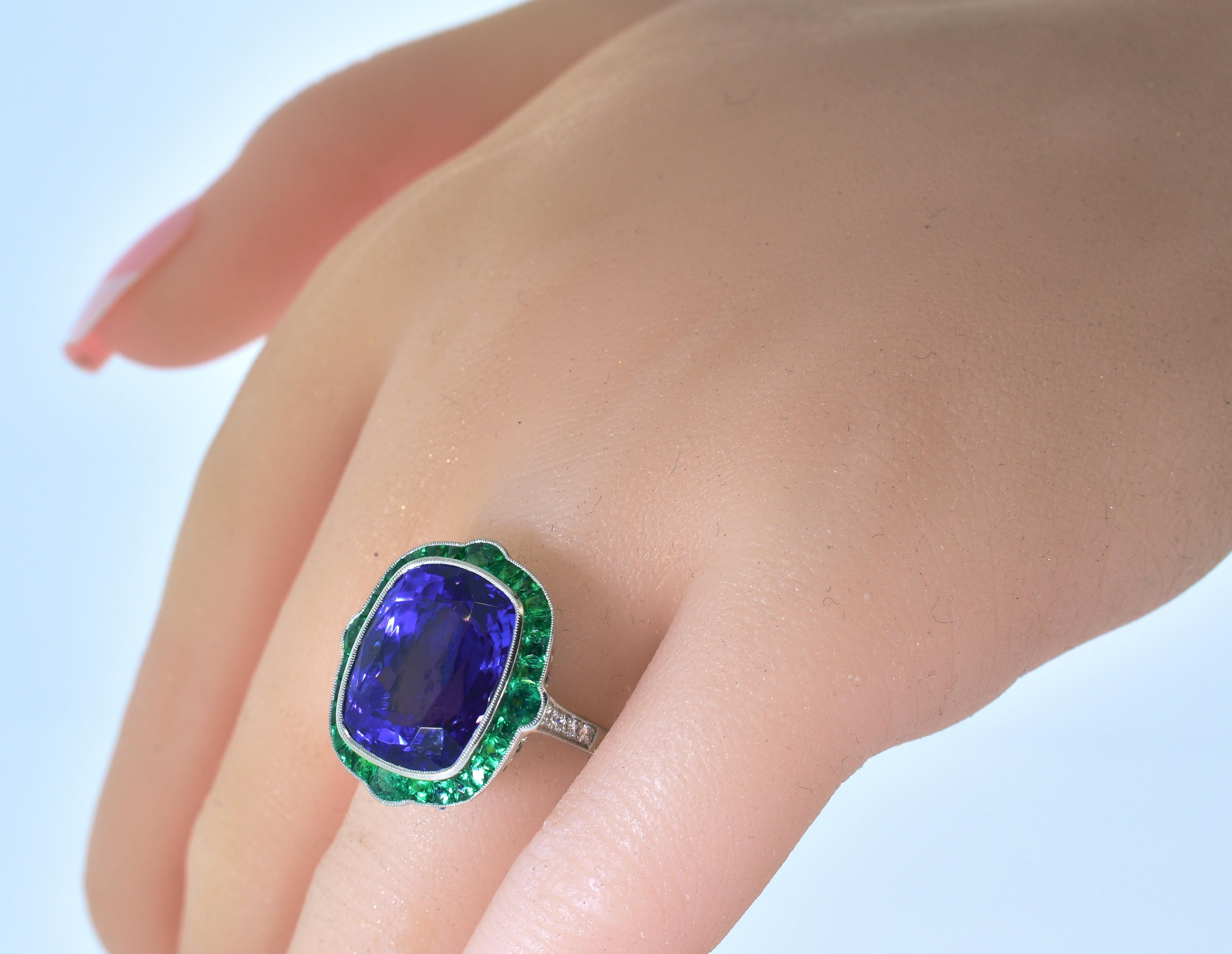 Women's or Men's  Very Fine Tanzanite and Emerald Platinum Ring