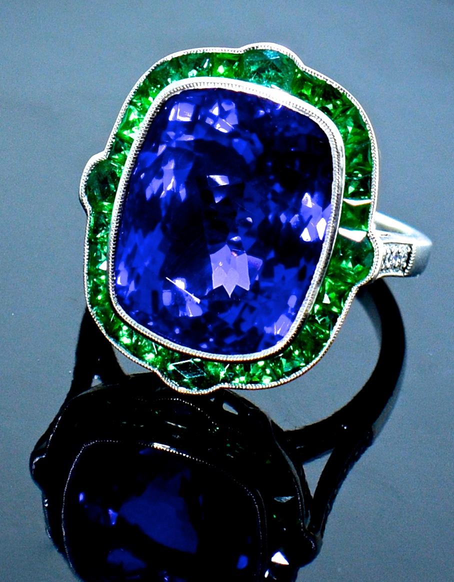  Very Fine Tanzanite and Emerald Platinum Ring 1