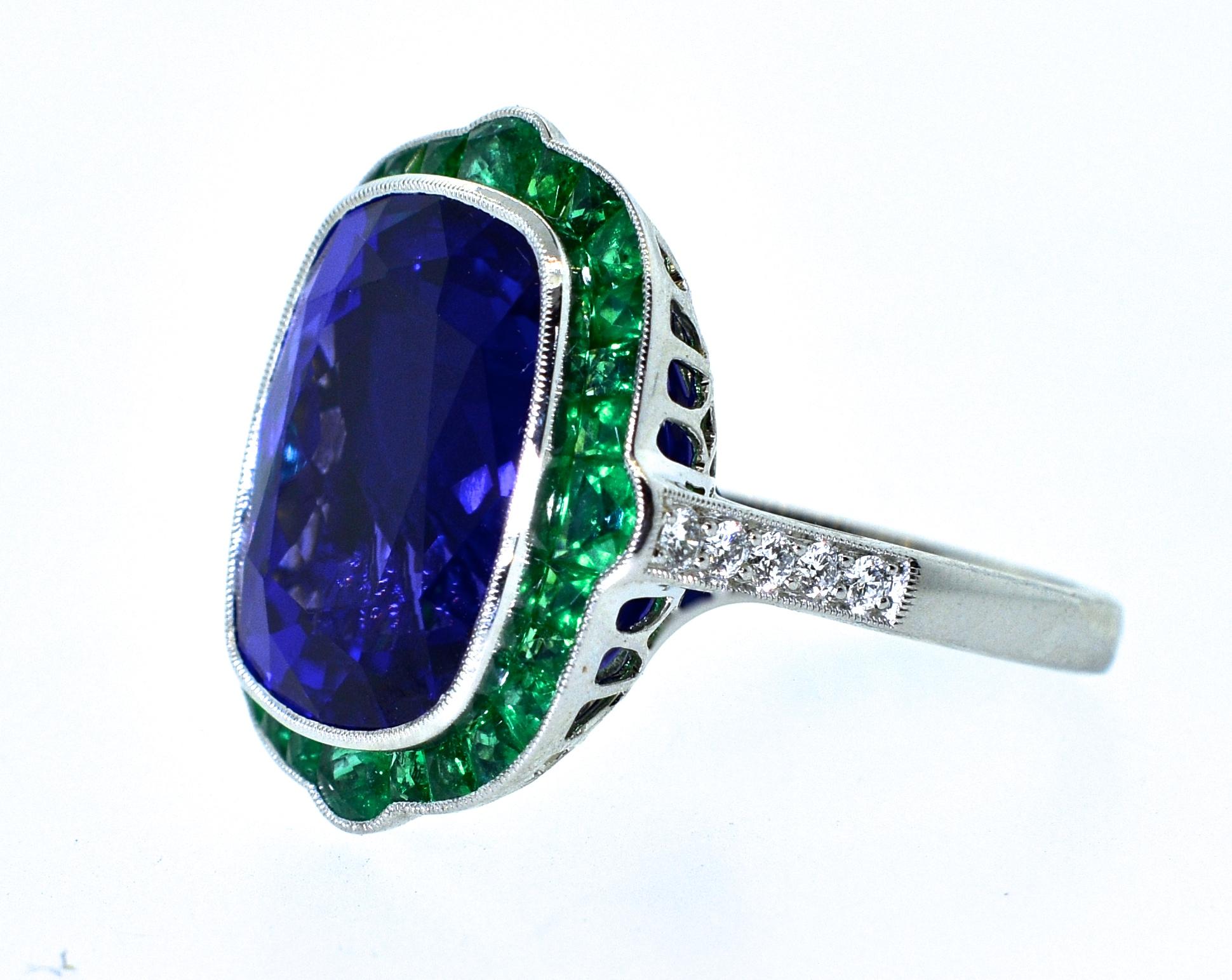 Very Fine Tanzanite and Emerald Platinum Ring 2