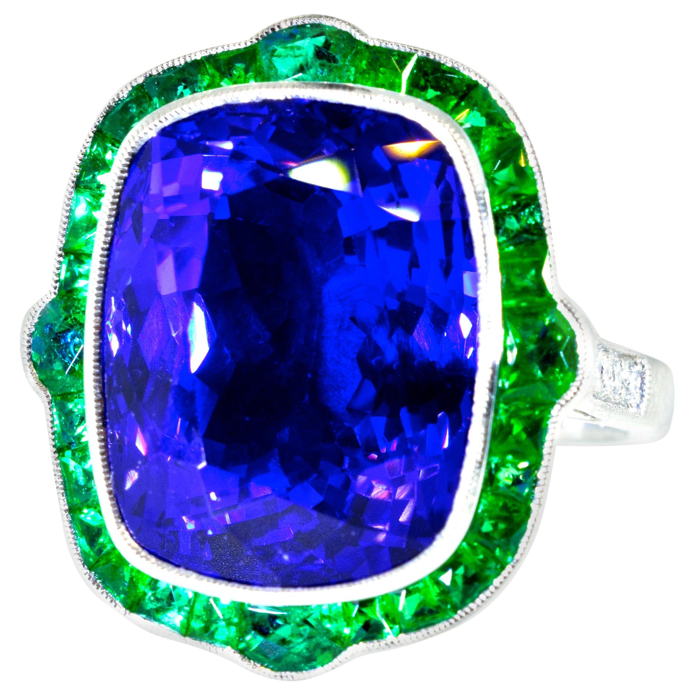  Very Fine Tanzanite and Emerald Platinum Ring