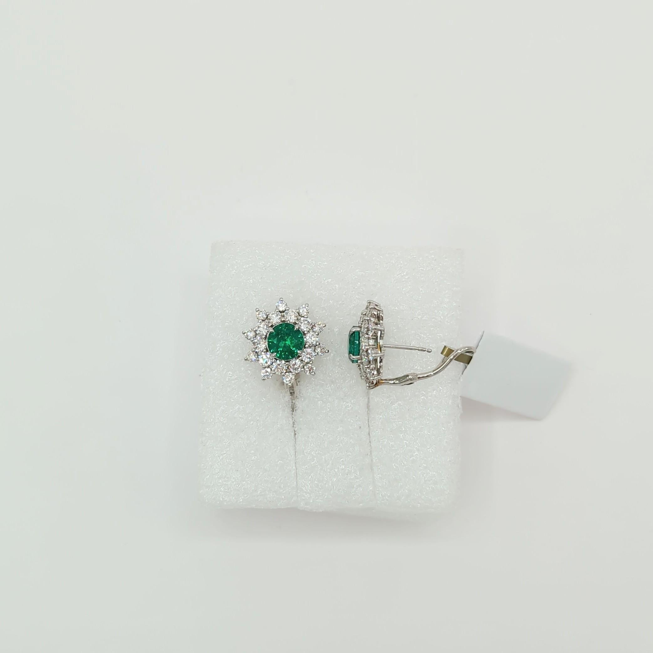 Women's or Men's Emerald and White Diamond Cluster Earrings in Platinum For Sale
