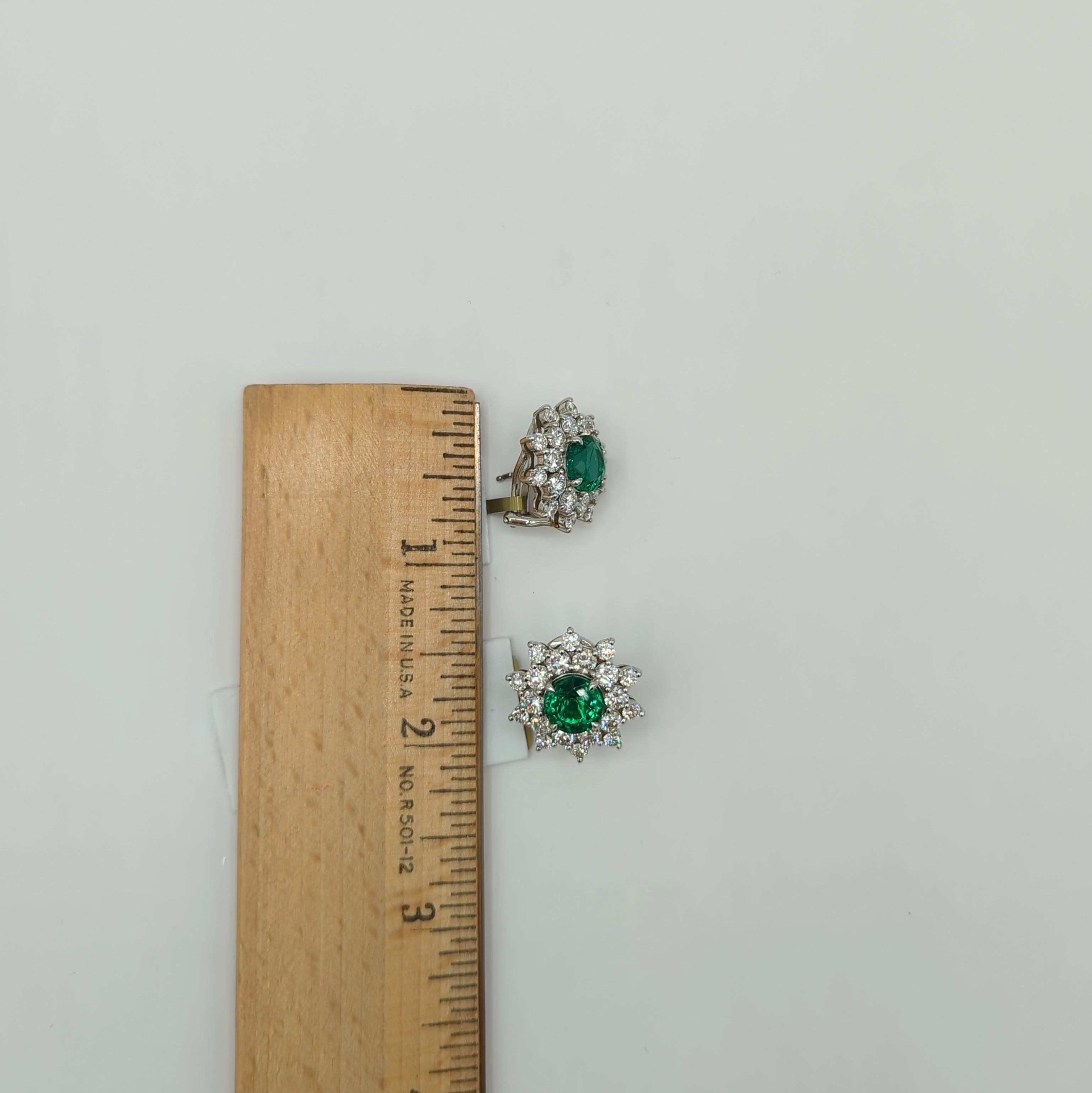 Emerald and White Diamond Cluster Earrings in Platinum For Sale 1