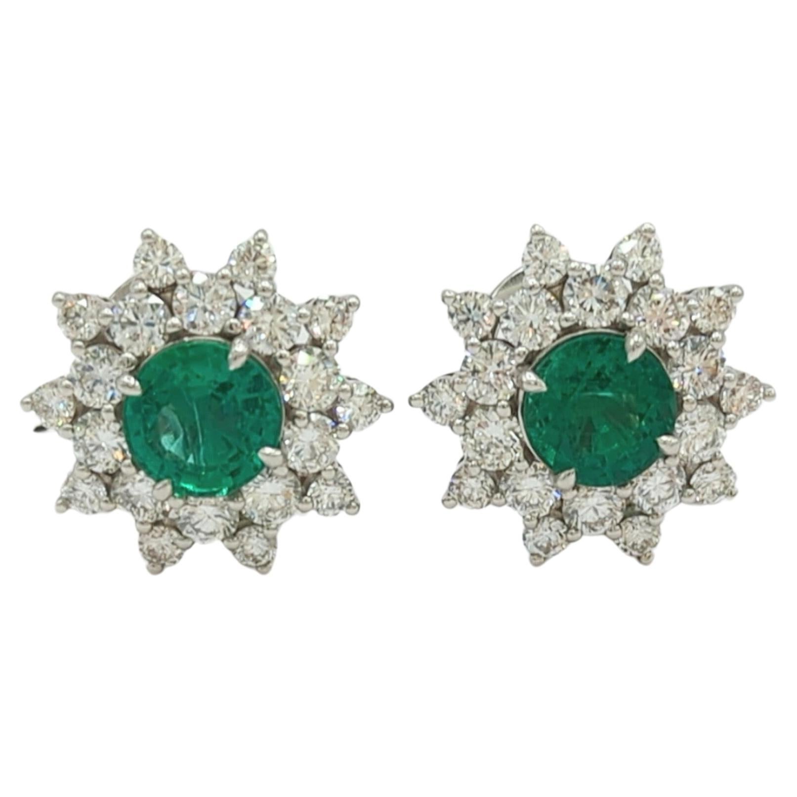 Emerald and White Diamond Cluster Earrings in Platinum For Sale