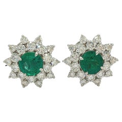Emerald and White Diamond Cluster Earrings in Platinum