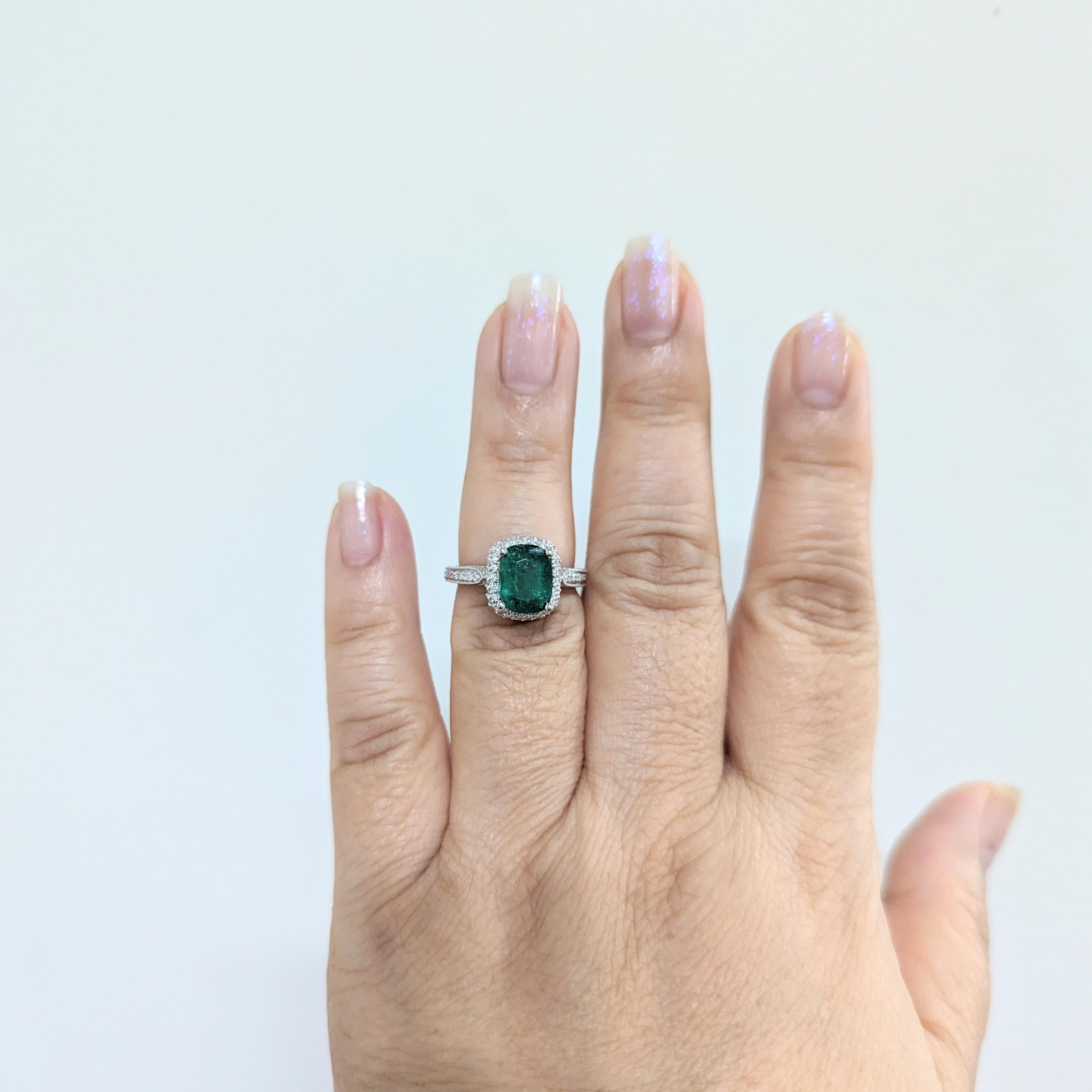 Cushion Cut Emerald and White Diamond Cocktail Ring in 14K White Gold For Sale