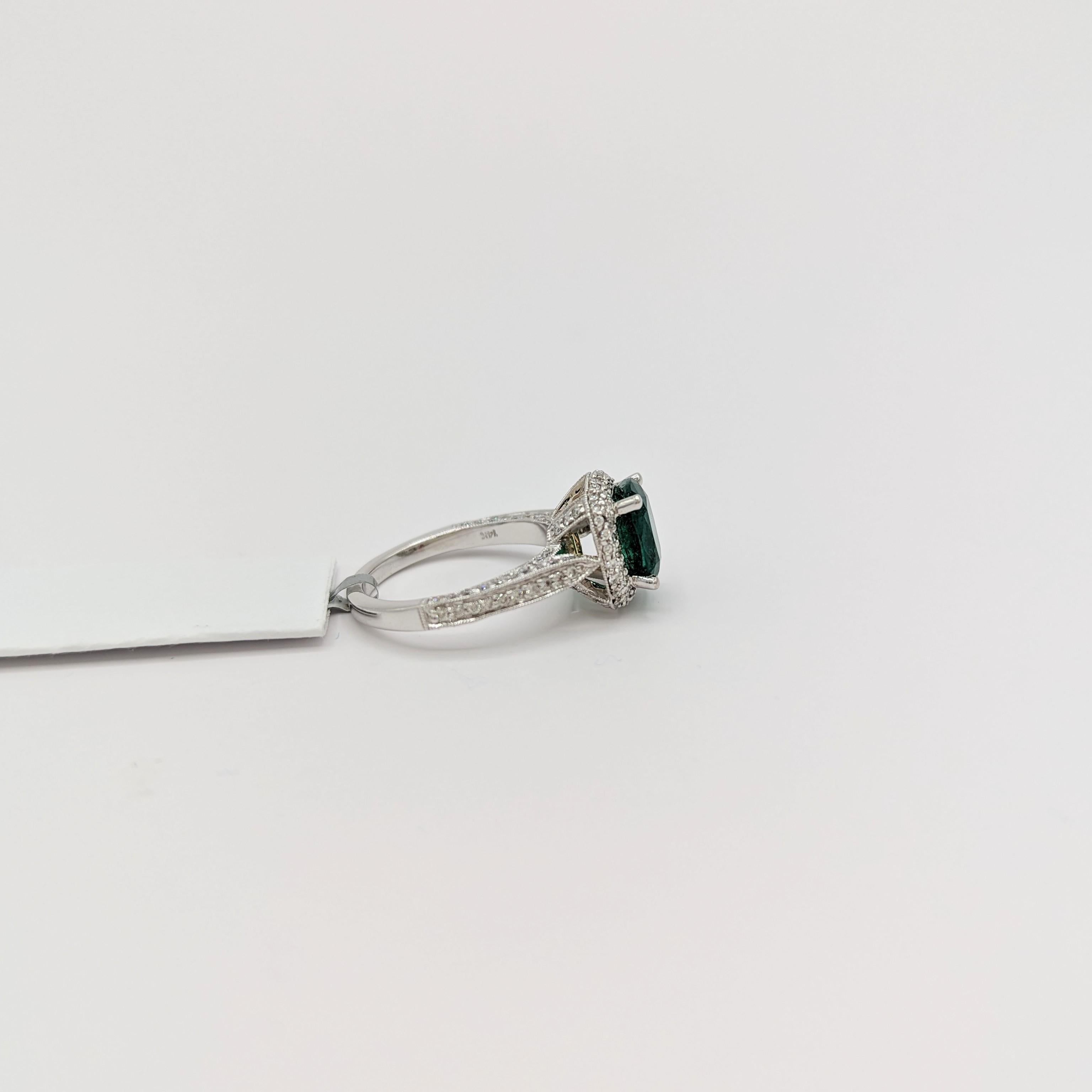 Emerald and White Diamond Cocktail Ring in 14K White Gold For Sale 1
