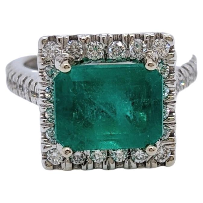 Emerald and White Diamond Cocktail Ring in 14K White Gold For Sale