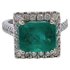 Emerald and White Diamond Cocktail Ring in 14K White Gold