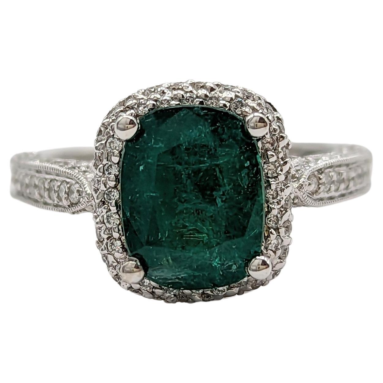 Emerald and White Diamond Cocktail Ring in 14K White Gold For Sale