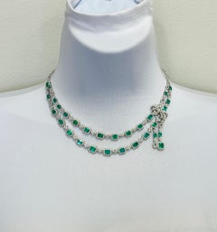 Emerald and White Diamond Layered Necklace in 18K White Gold