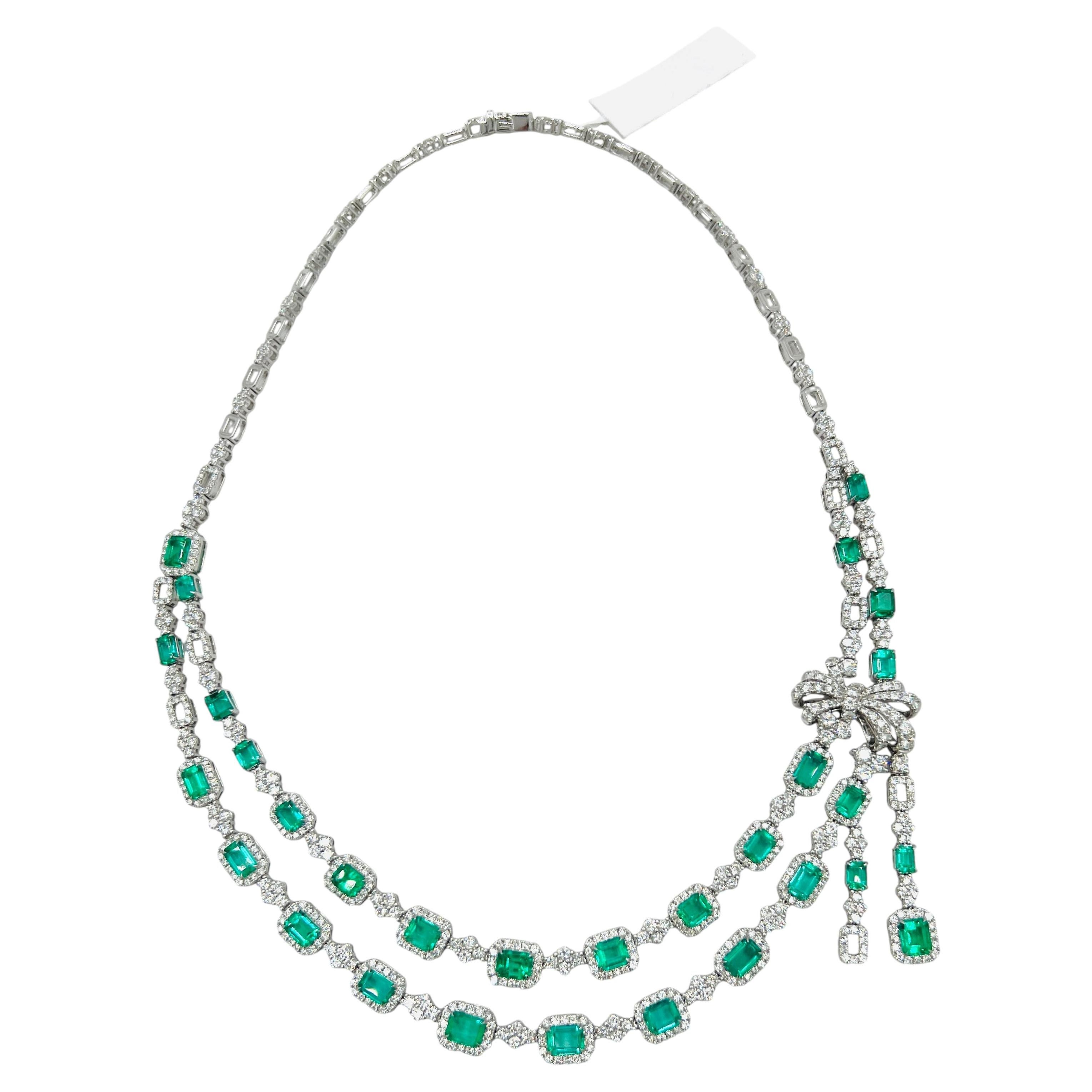 Emerald and White Diamond Layered Necklace in 18K White Gold